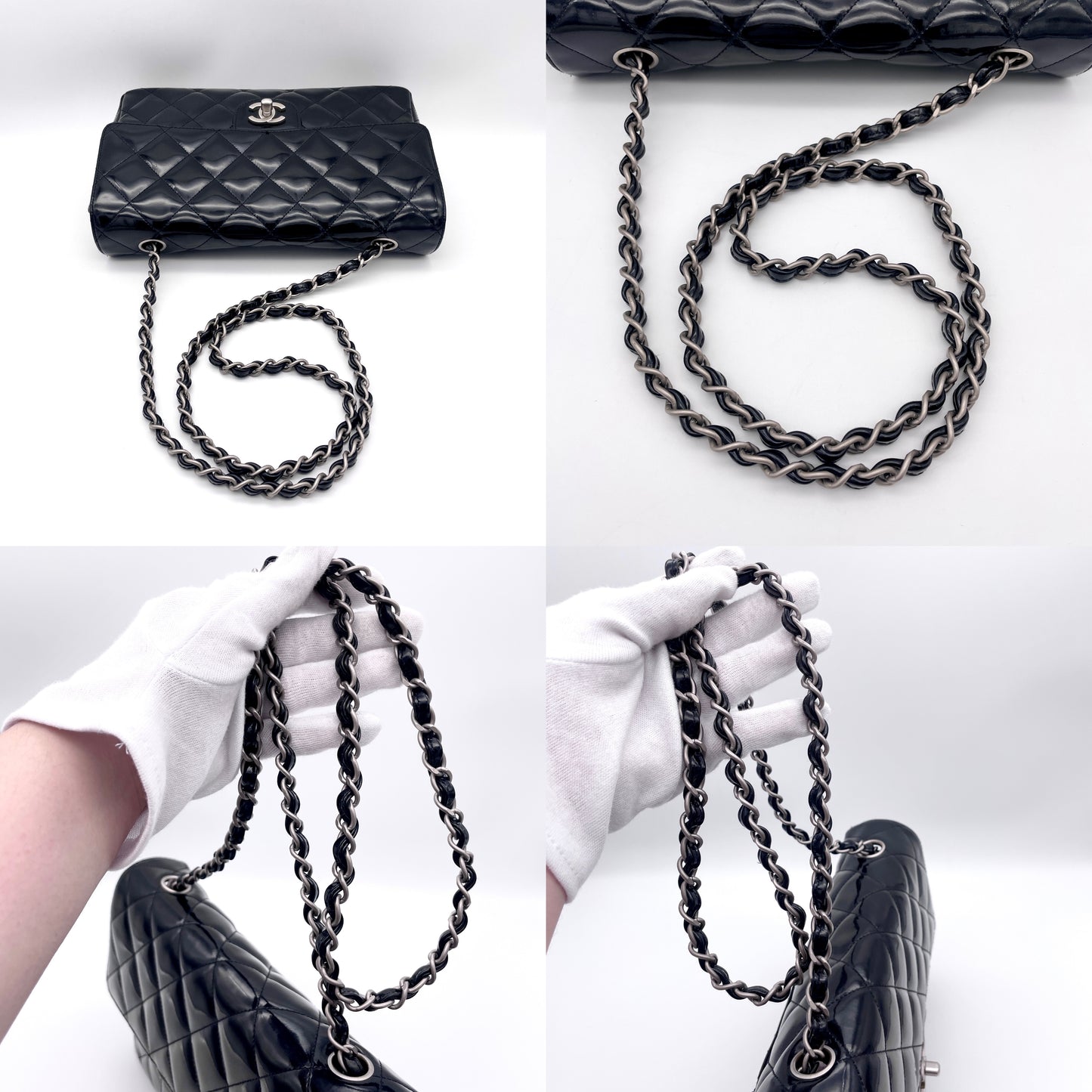 AUTH Pre-owned CHANEL Enamel Matlasse Chain Flap Bag Black SHW