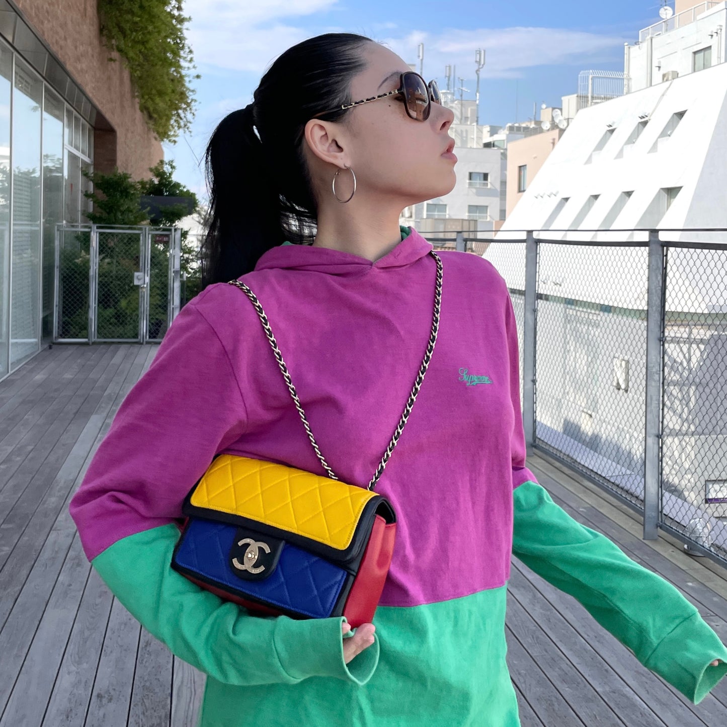 RARE★★★CHANEL 2014 Matelassé Calfskin Mondrian Multicolor Double Chain Shoulder Flap Bag Small Multicolor Gold