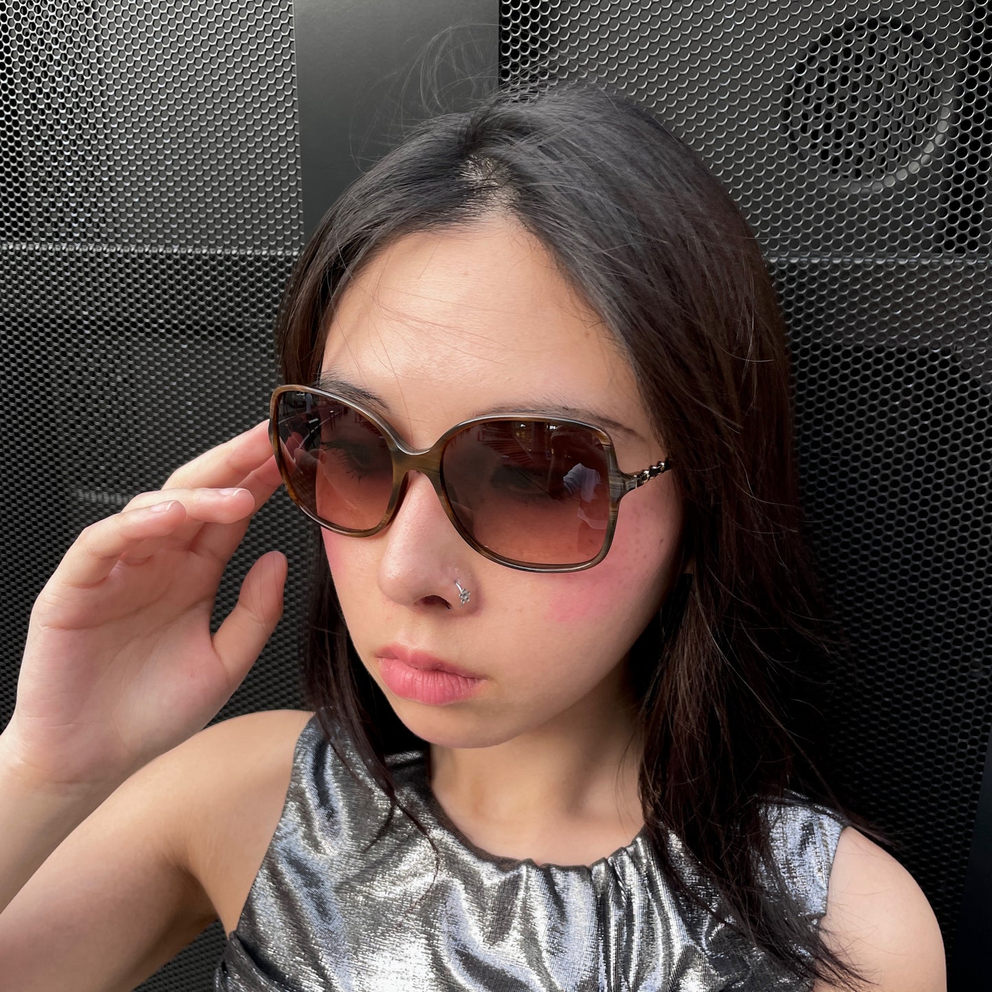 CHANEL 5210-Q Matelassé CC LOGO Chain Link Square Sunglasses Brown &amp; Gold