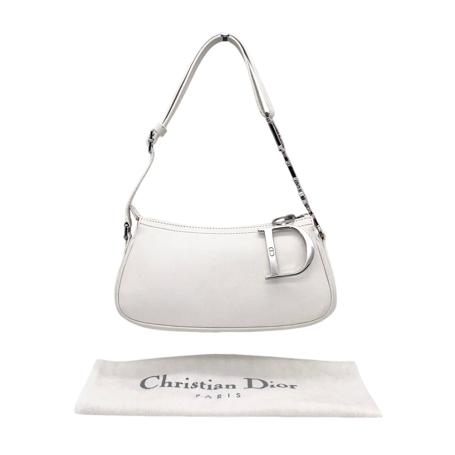 RARE☆☆☆☆CHRISTIAN DIOR 2004 D Pendant Dior Chain Accessory Pouch Shoulder Bag White & Silver