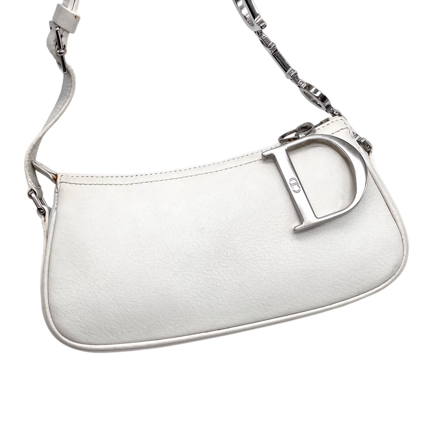 RARE☆☆☆☆CHRISTIAN DIOR 2004 D Pendant Dior Chain Accessory Pouch Shoulder Bag White & Silver