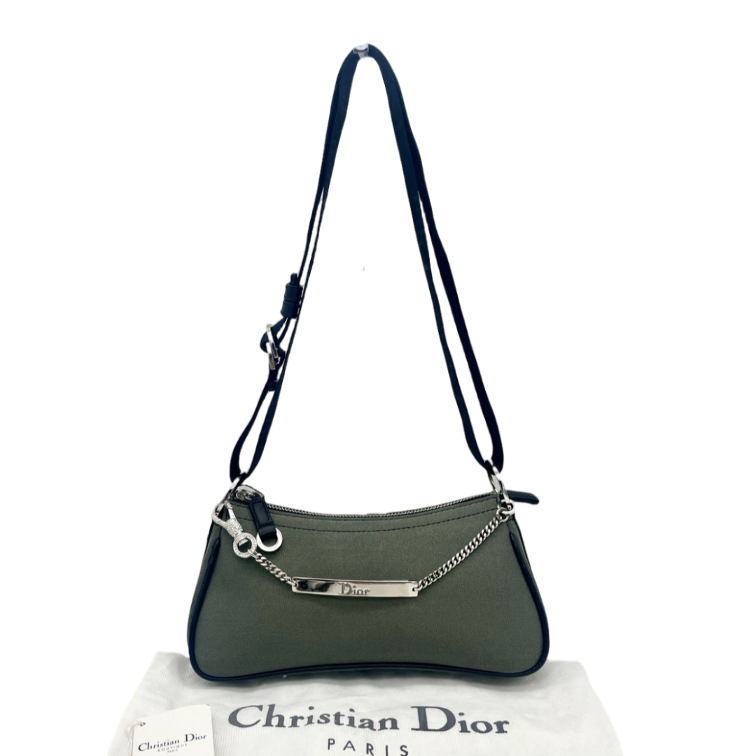 RARE☆☆☆☆CHRISTIAN DIOR Rhinestone Chain Handle 2WAY Shoulder Bag Dark Green Black SHW