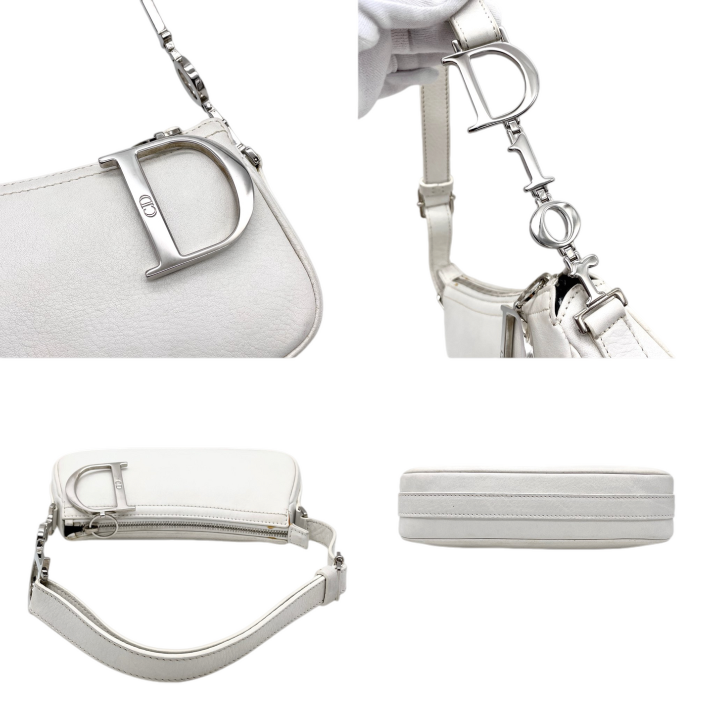 RARE☆☆☆☆CHRISTIAN DIOR 2004 D Pendant Dior Chain Accessory Pouch Shoulder Bag White & Silver