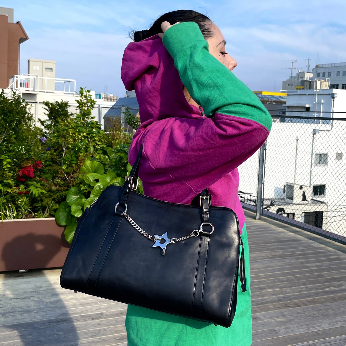 RARE★★★CHRISTIAN DIOR 2004 Hardcore Leather Star Charm Boston Top Handle Bag Medium Black/Silver