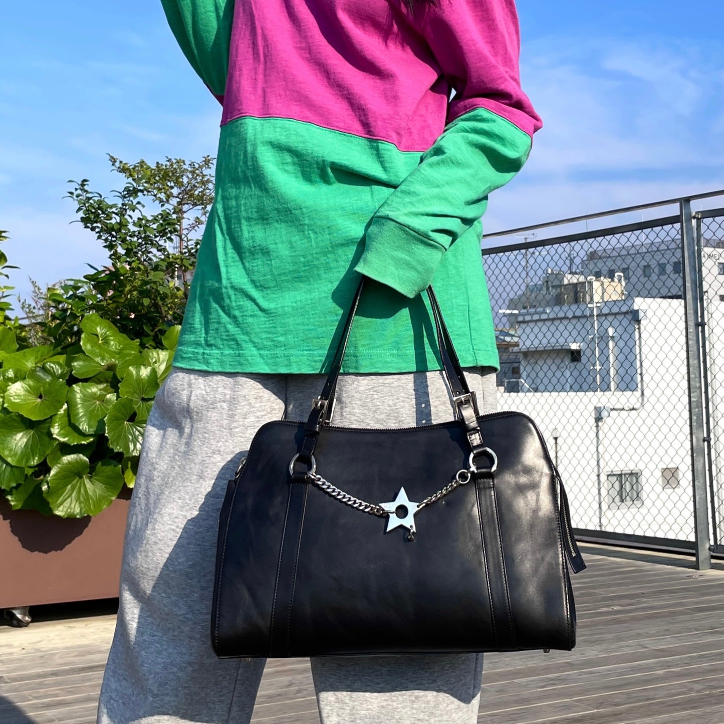 RARE★★★CHRISTIAN DIOR 2004 Hardcore Leather Star Charm Boston Top Handle Bag Medium Black/Silver