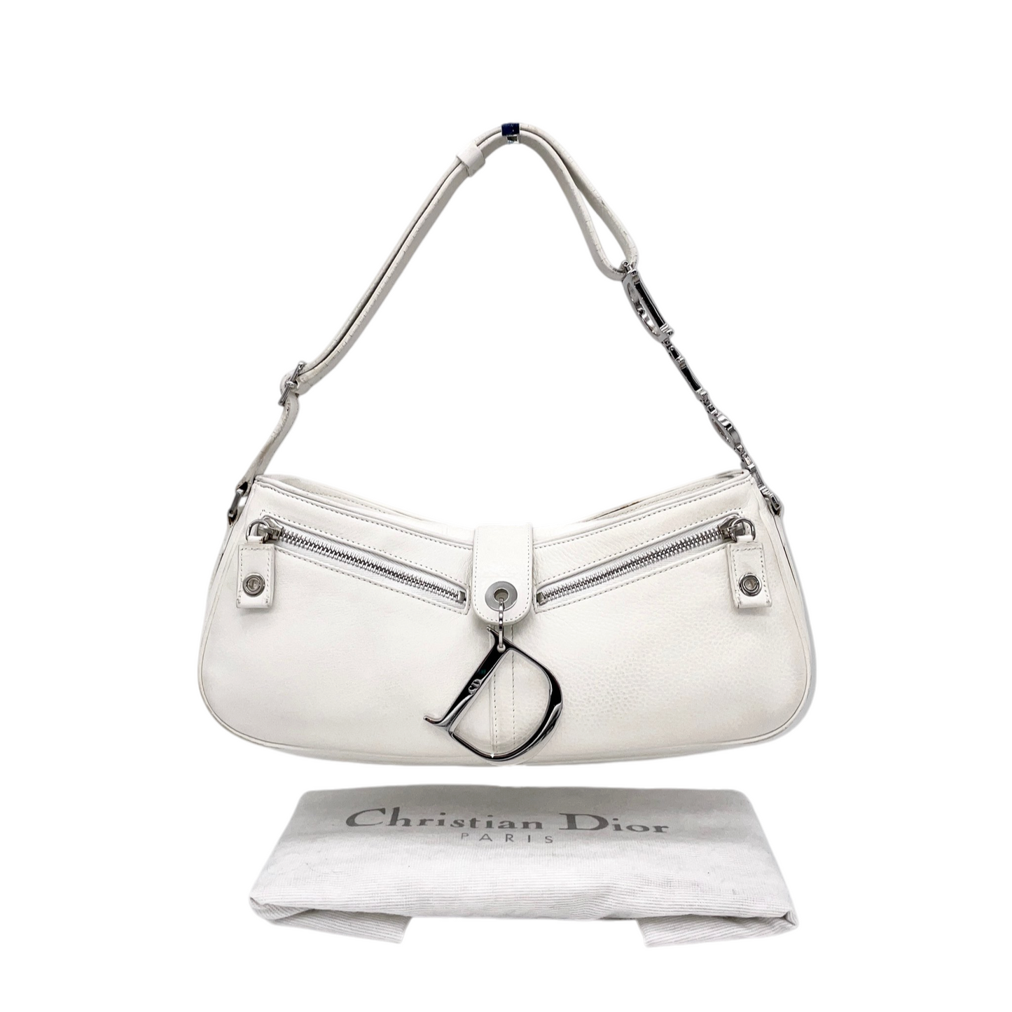 RARE☆☆☆☆CHRISTIAN DIOR 2005 Leather Street Chic D Logo Dior Chain Hobo Shoulder Bag White & Silver