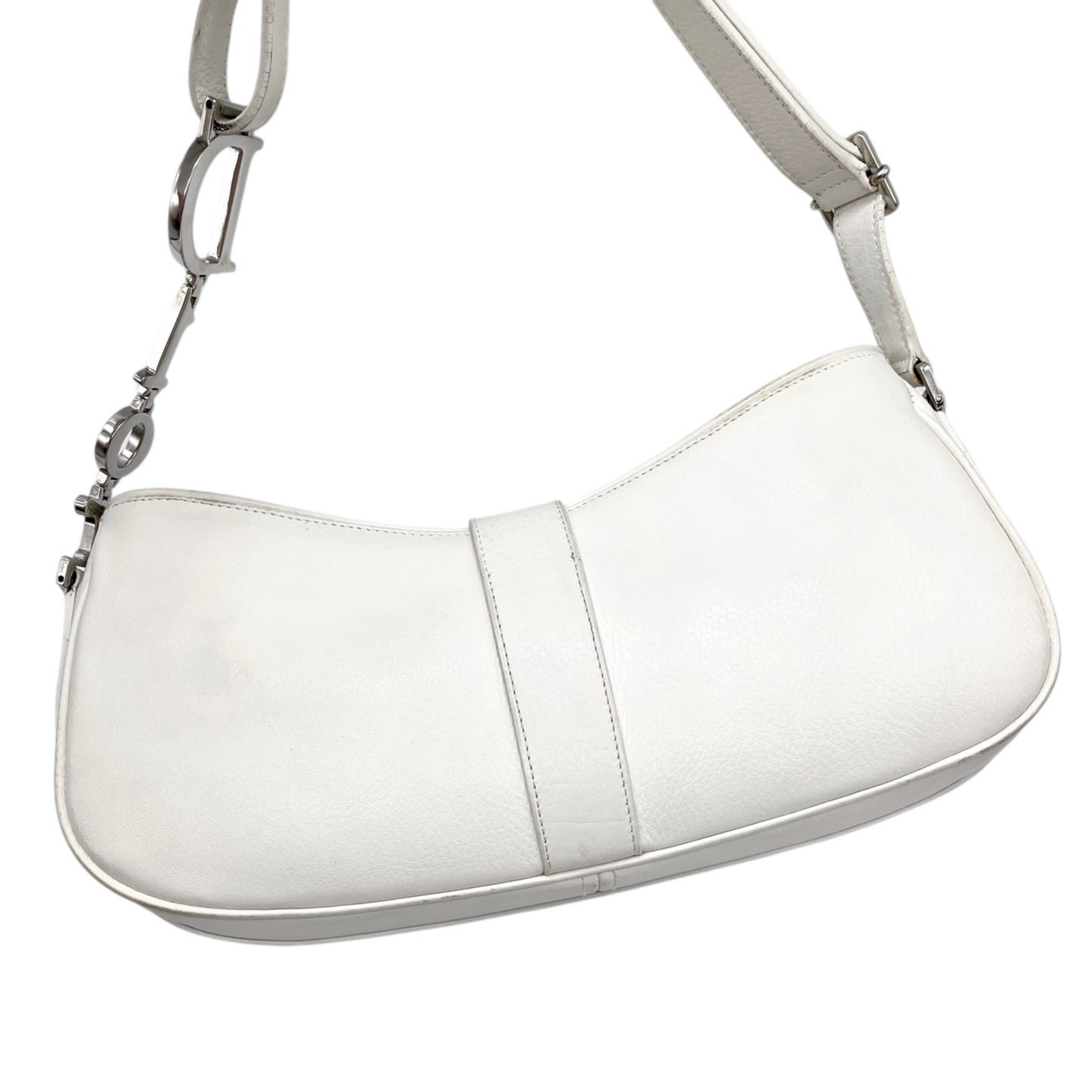 RARE☆☆☆☆CHRISTIAN DIOR 2005 Leather Street Chic D Logo Dior Chain Hobo Shoulder Bag White & Silver