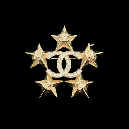 RARE☆☆☆CHANEL 2017 Stars CC Logos Rhinestone Brooch A17C Gold