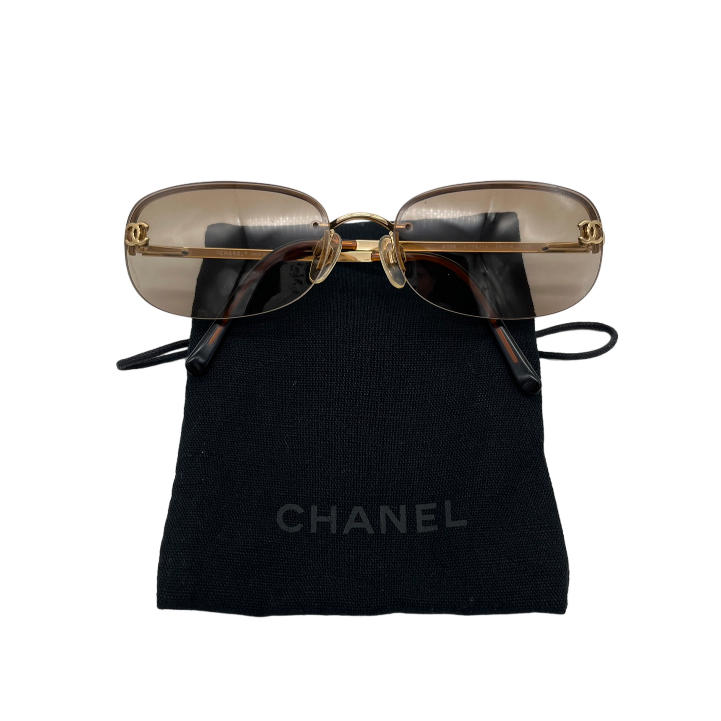 RARE☆☆☆Auth CHANEL Y2K CC LOGOS 4099 Rectangular Rimless Sunglasses Brown &amp; Gold