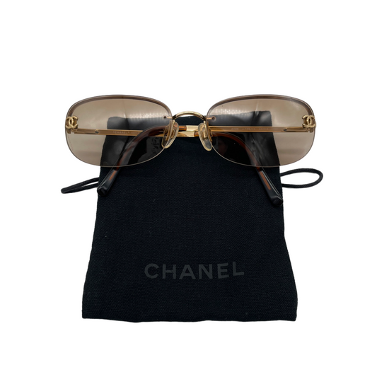 RARE☆☆☆Auth CHANEL Y2K CC LOGOS 4099 Rectangular Rimless Sunglasses Brown &amp; Gold