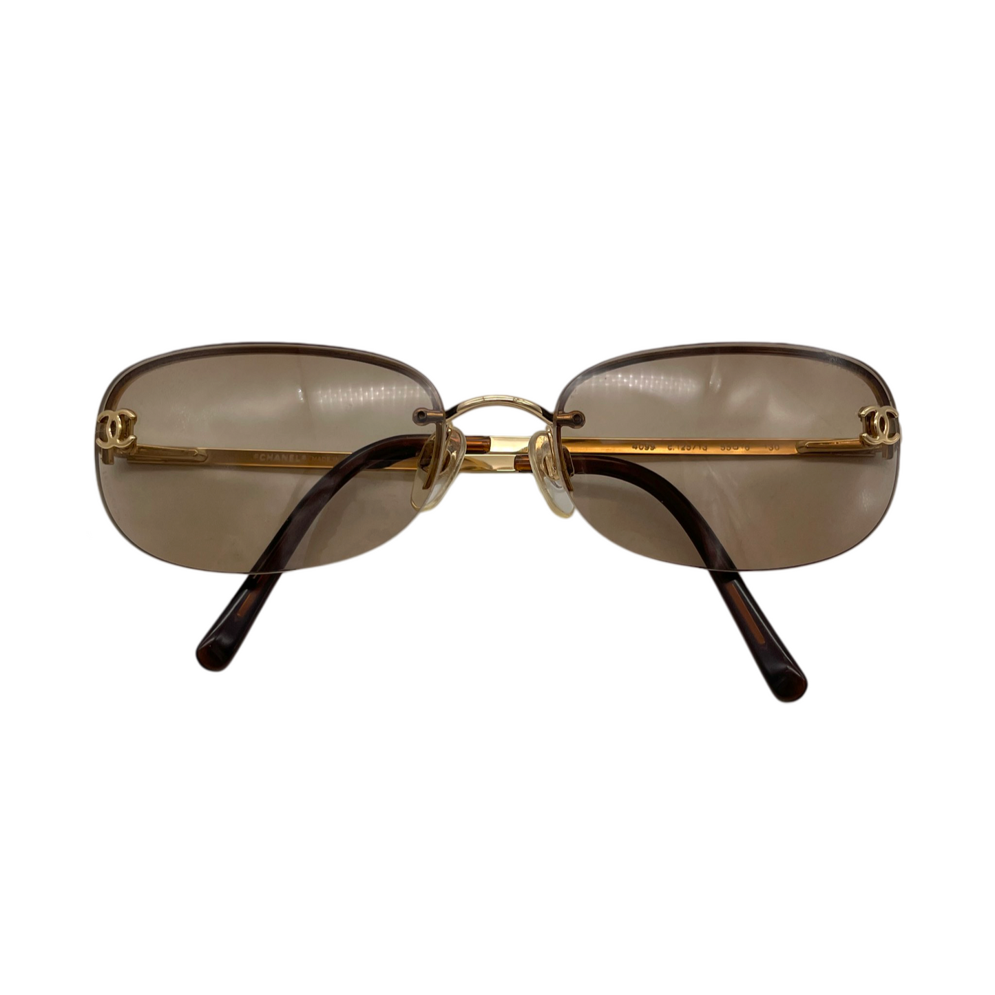 RARE☆☆☆Auth CHANEL Y2K CC LOGOS 4099 Rectangular Rimless Sunglasses Brown &amp; Gold