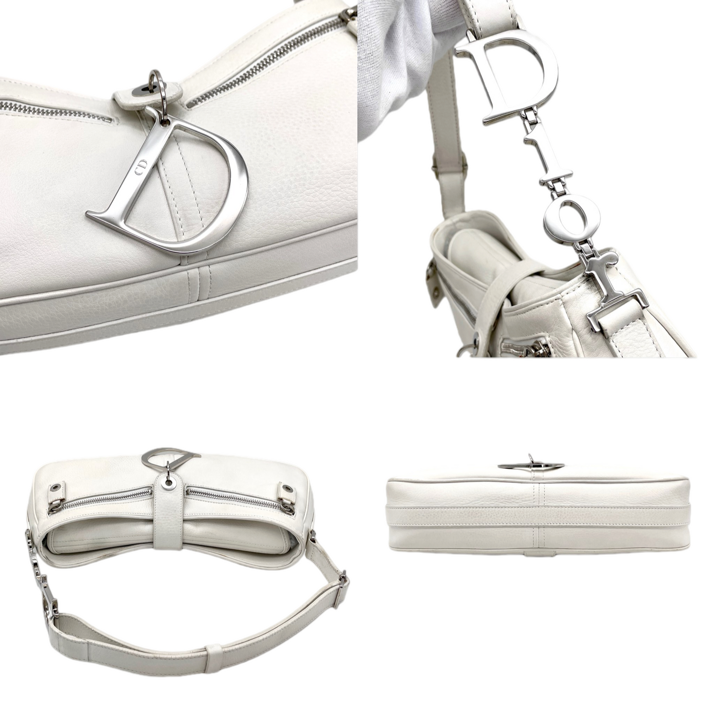 RARE☆☆☆☆CHRISTIAN DIOR 2005 Leather Street Chic D Logo Dior Chain Hobo Shoulder Bag White & Silver
