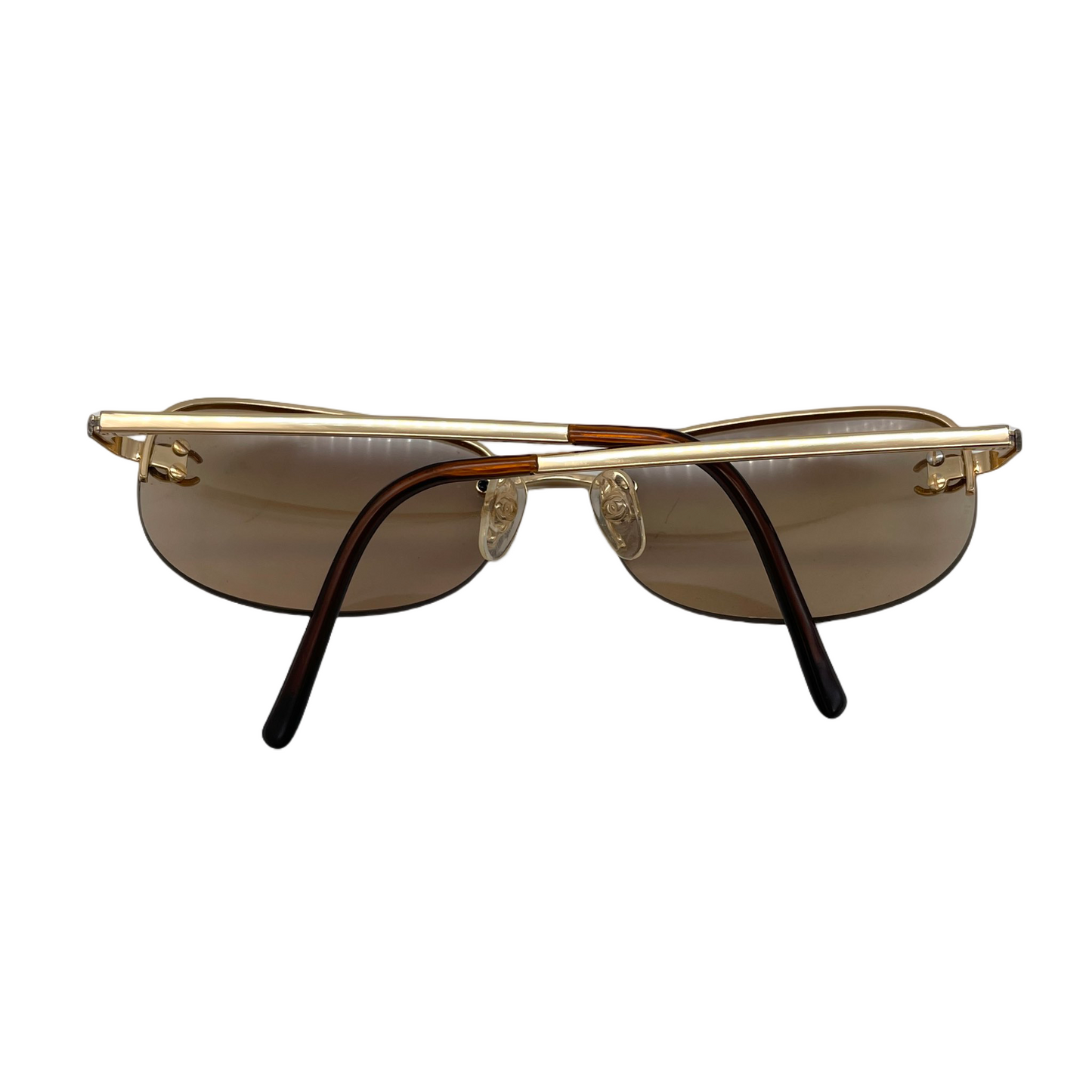 RARE☆☆☆Auth CHANEL Y2K CC LOGOS 4099 Rectangular Rimless Sunglasses Brown &amp; Gold