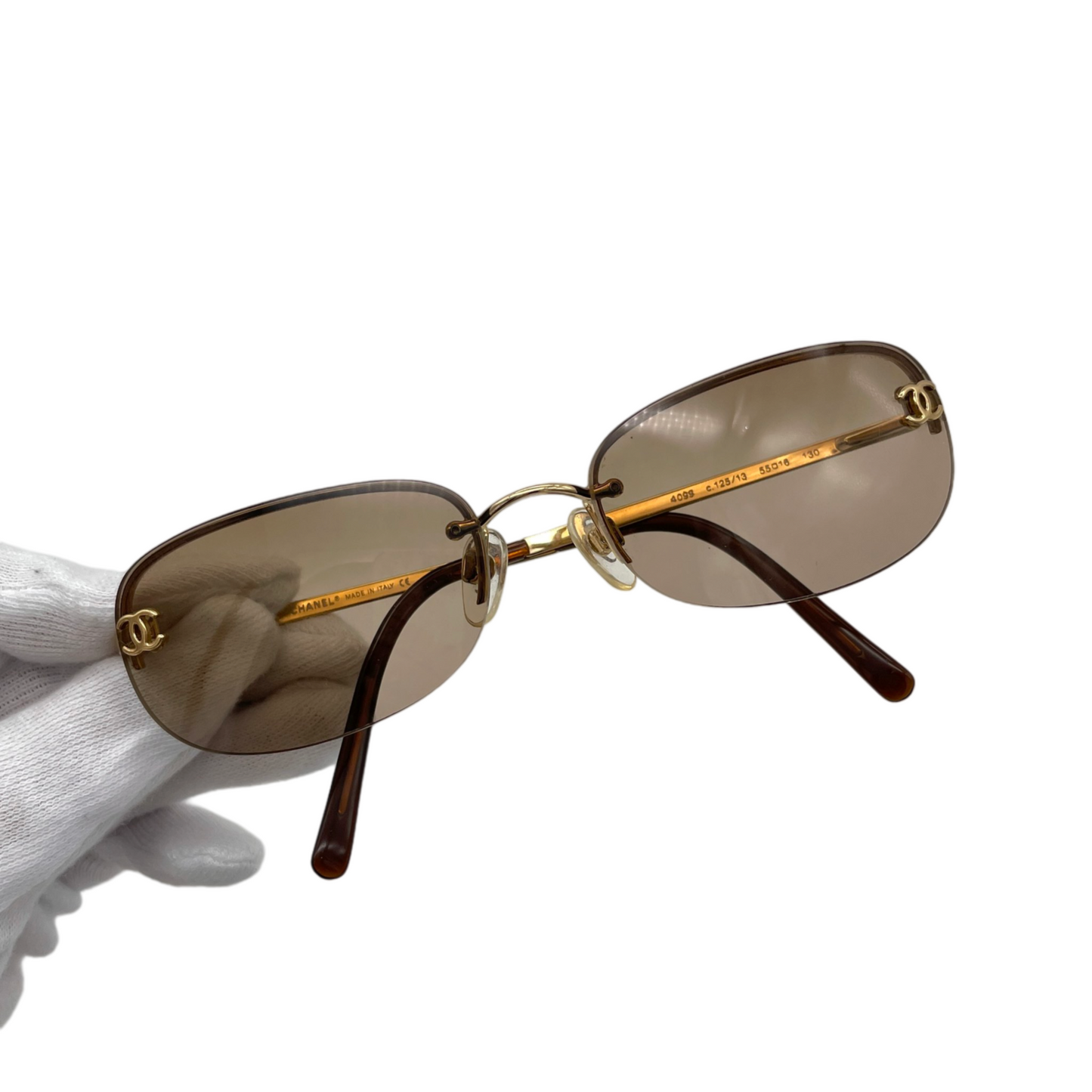 RARE☆☆☆Auth CHANEL Y2K CC LOGOS 4099 Rectangular Rimless Sunglasses Brown &amp; Gold