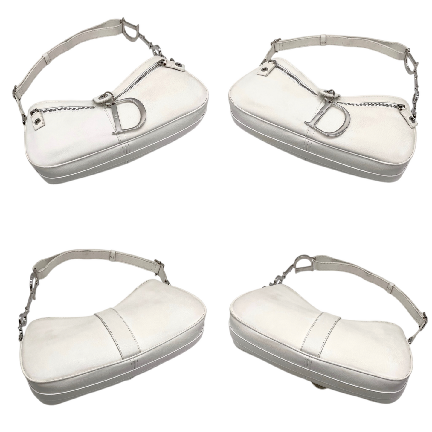 RARE☆☆☆☆CHRISTIAN DIOR 2005 Leather Street Chic D Logo Dior Chain Hobo Shoulder Bag White & Silver