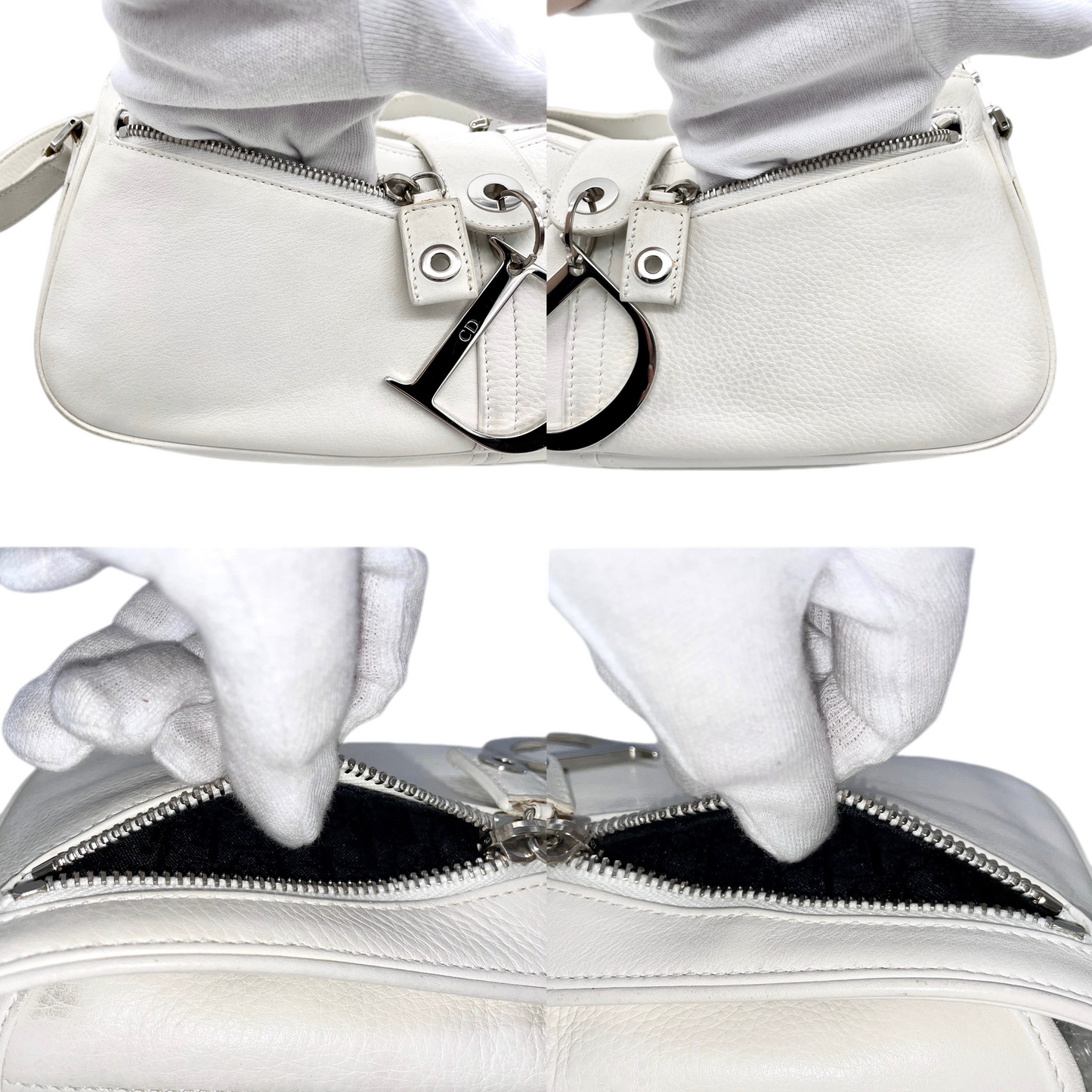 RARE☆☆☆☆CHRISTIAN DIOR 2005 Leather Street Chic D Logo Dior Chain Hobo Shoulder Bag White & Silver