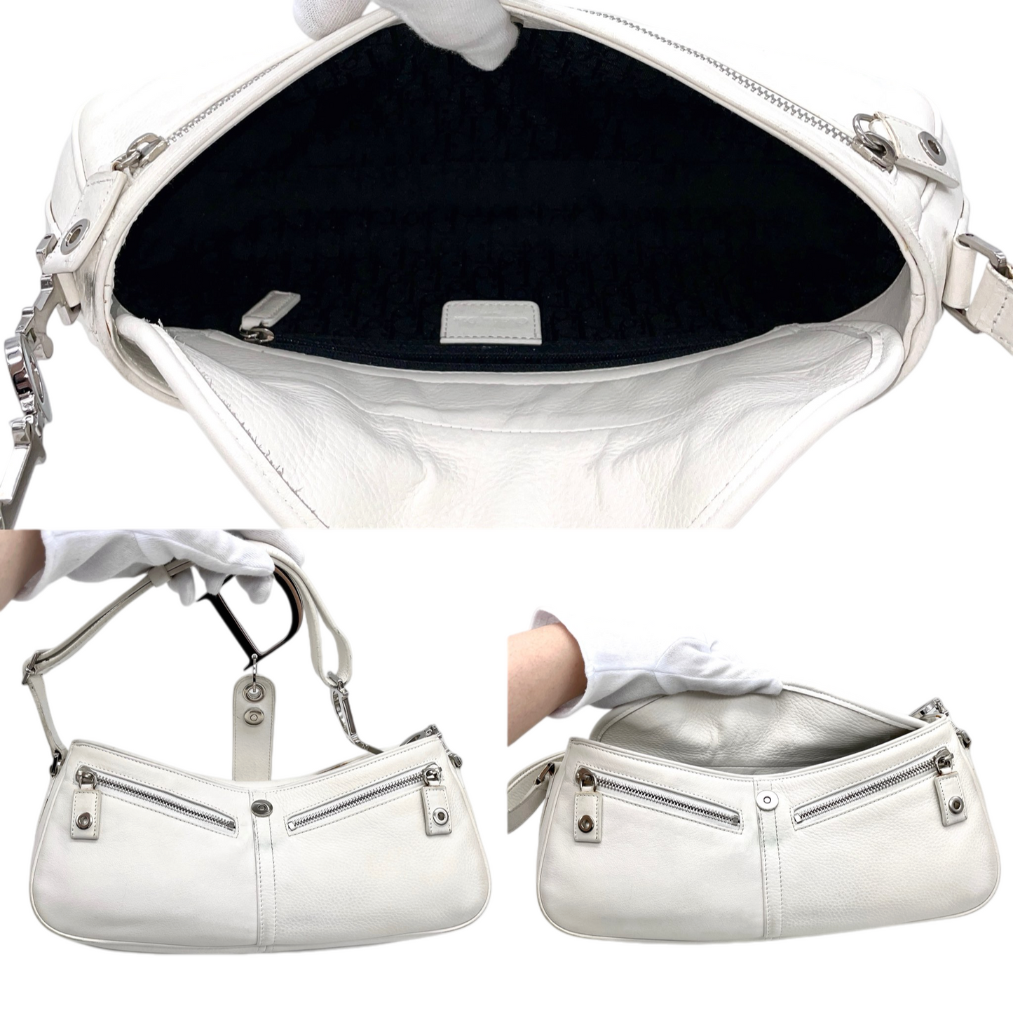 RARE☆☆☆☆CHRISTIAN DIOR 2005 Leather Street Chic D Logo Dior Chain Hobo Shoulder Bag White & Silver
