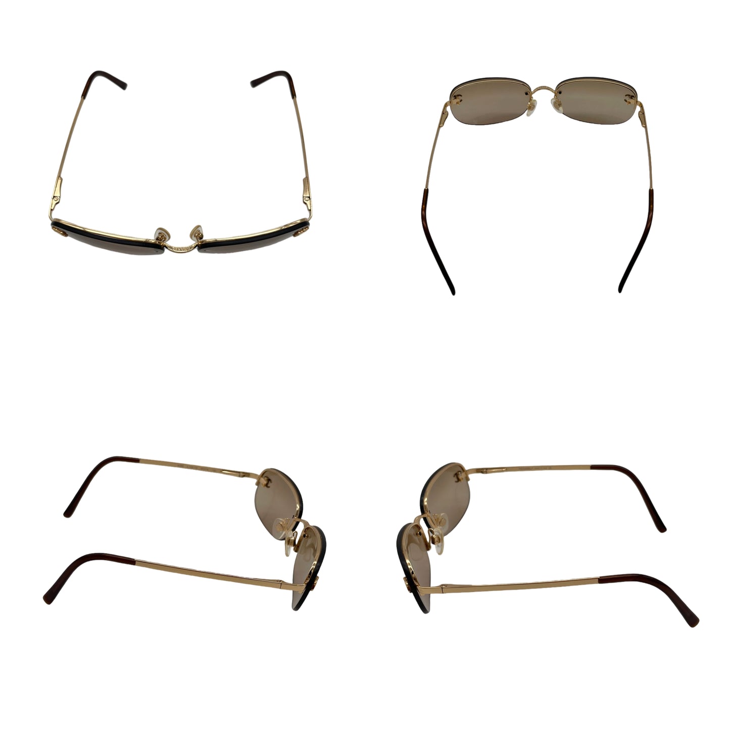 RARE☆☆☆Auth CHANEL Y2K CC LOGOS 4099 Rectangular Rimless Sunglasses Brown &amp; Gold