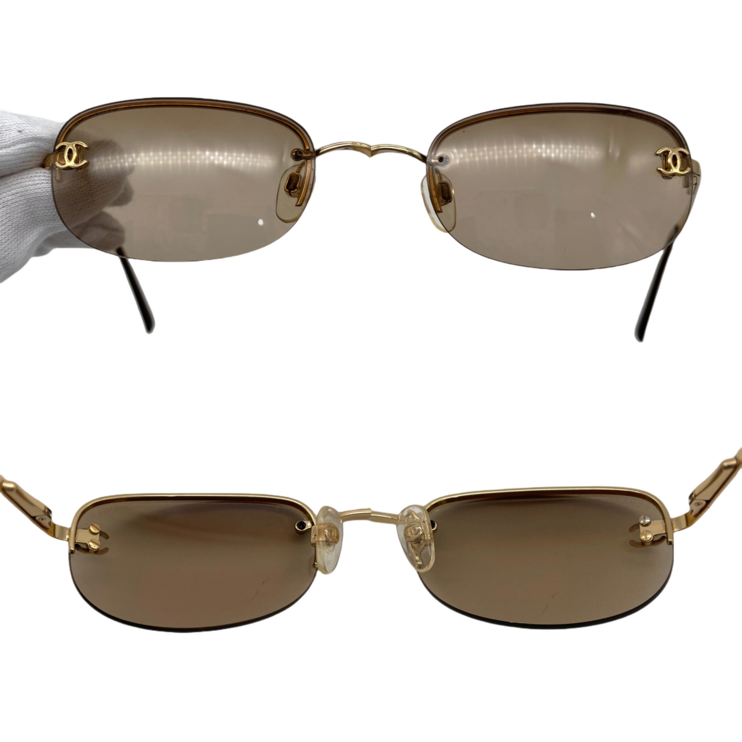 RARE☆☆☆Auth CHANEL Y2K CC LOGOS 4099 Rectangular Rimless Sunglasses Brown &amp; Gold