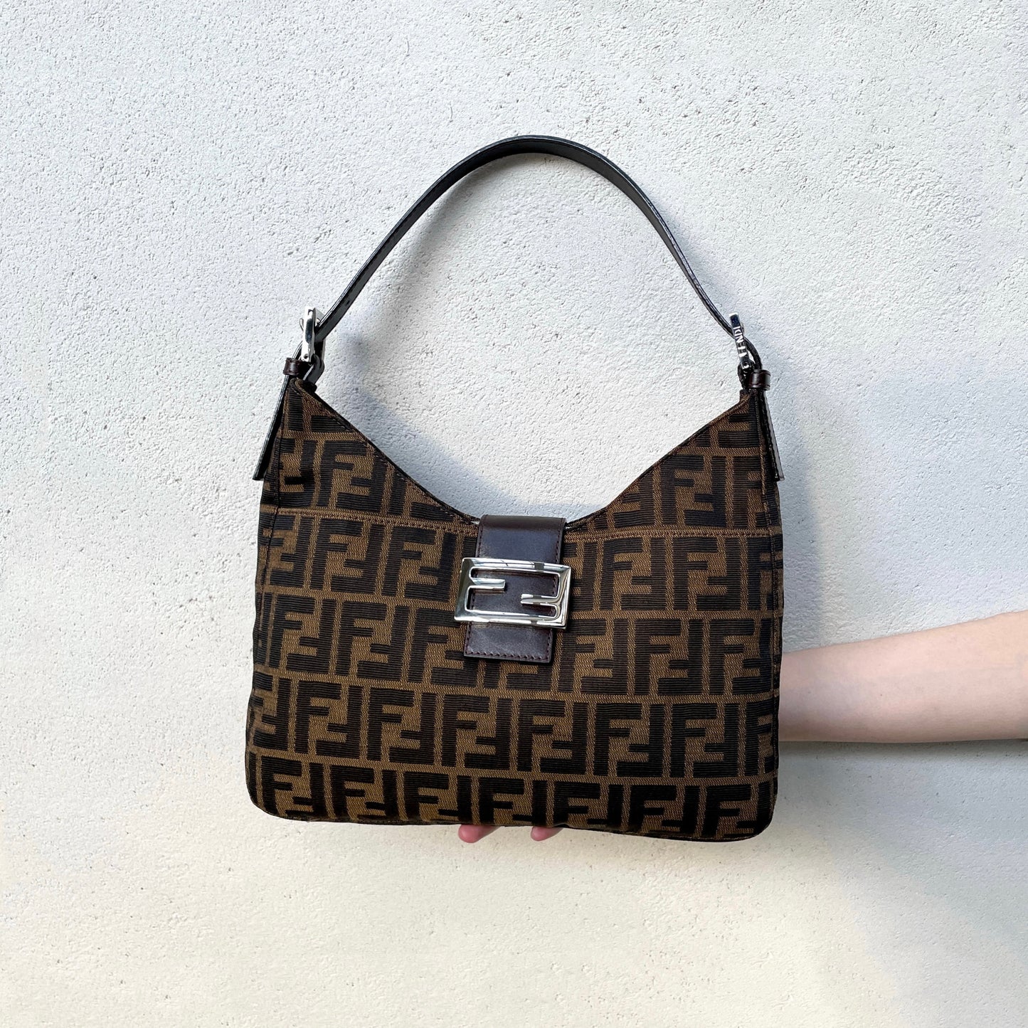 FENDI Zucca Canvas V-Shaped Mamma Baguette Shoulder Bag Brown &amp; Silver