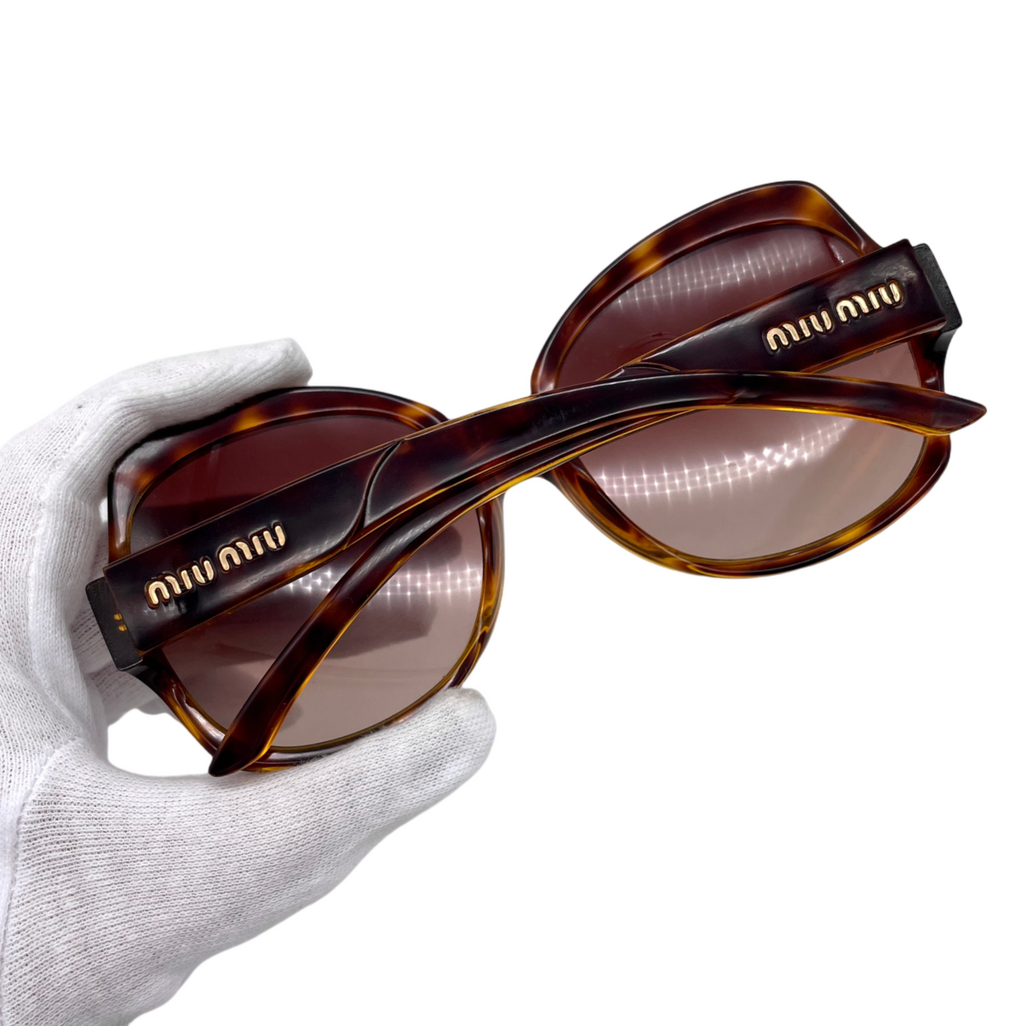 MIUMIU SMU 01Q Tortoise Style Acetate Oversized Round Sunglasses Brown &amp; Gold