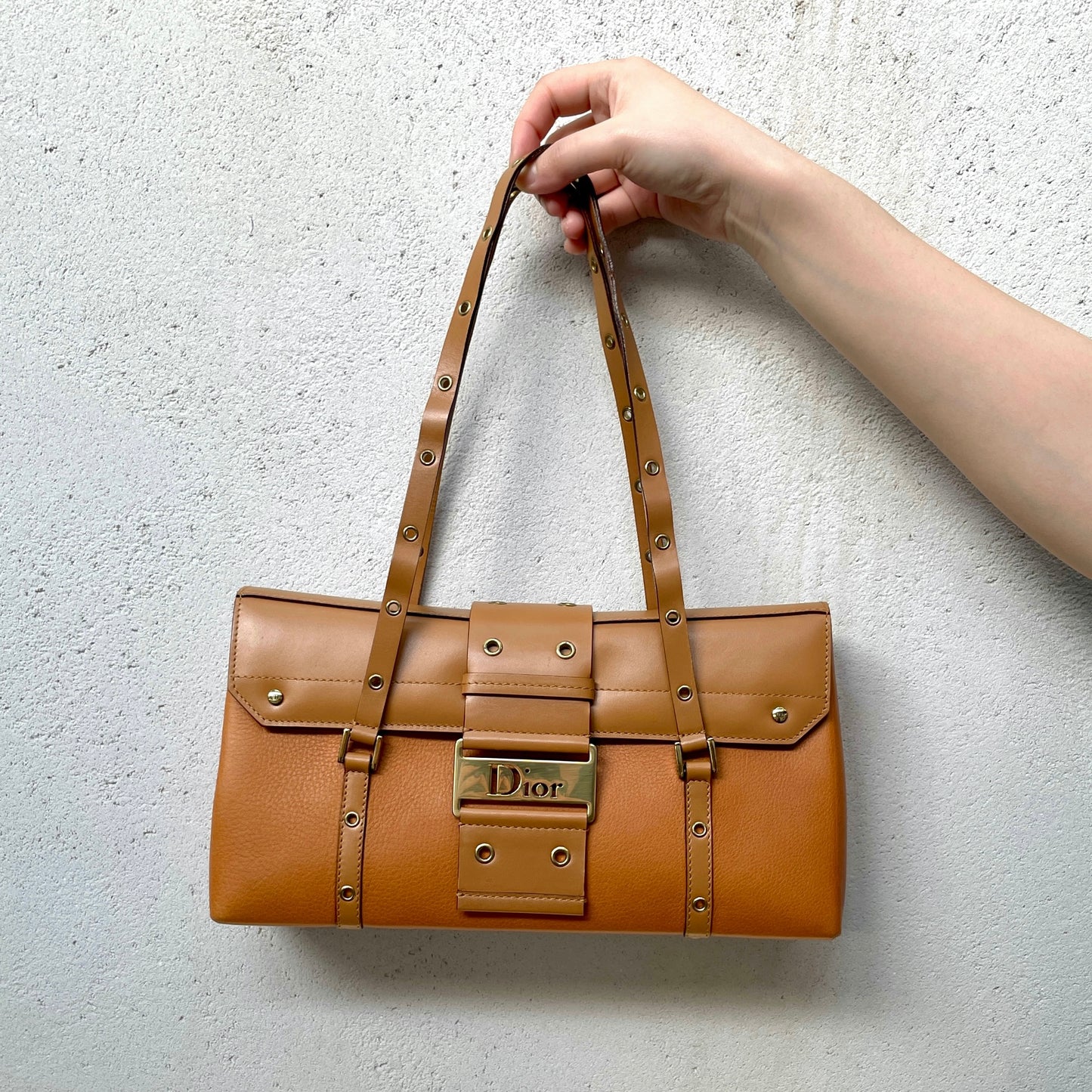 RARE★★★CHRISTIAN DIOR Street Chic Leather Shoulder Bag Medium Brown/Gold