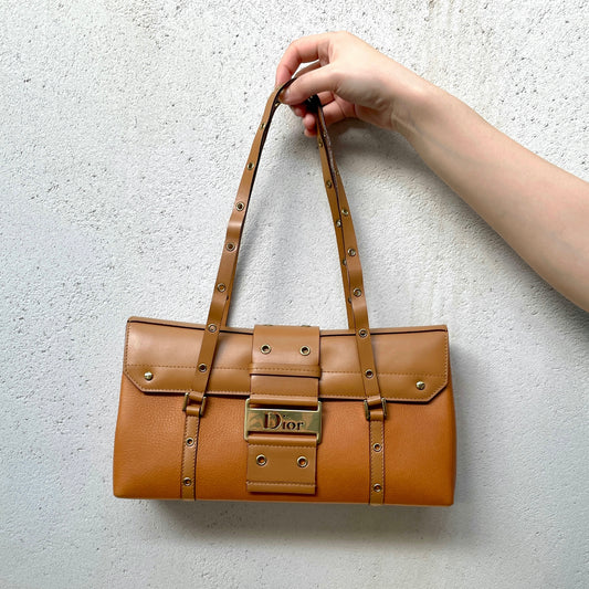 RARE★★★CHRISTIAN DIOR Street Chic Leather Shoulder Bag Medium Brown/Gold