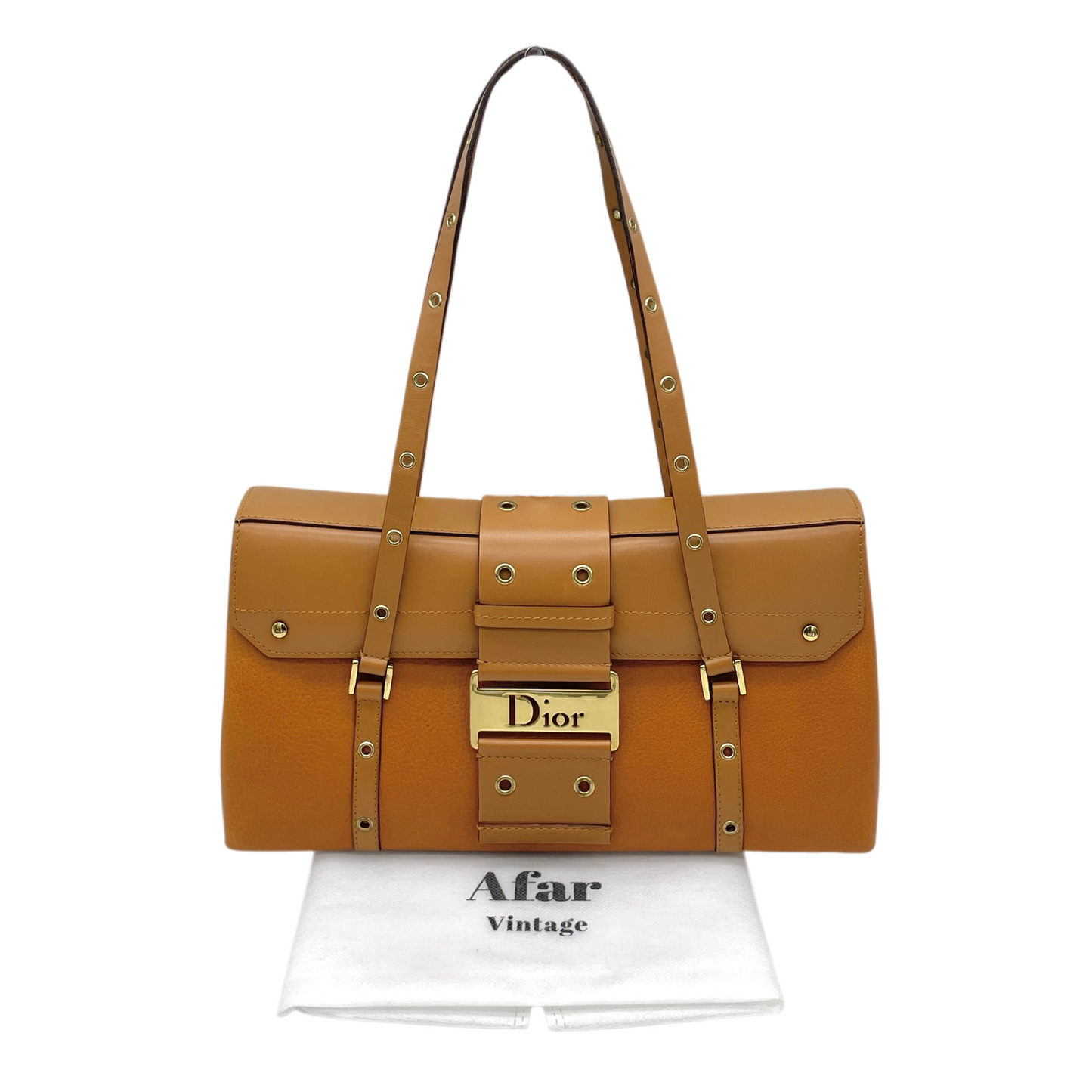 RARE★★★CHRISTIAN DIOR Street Chic Leather Shoulder Bag Medium Brown/Gold
