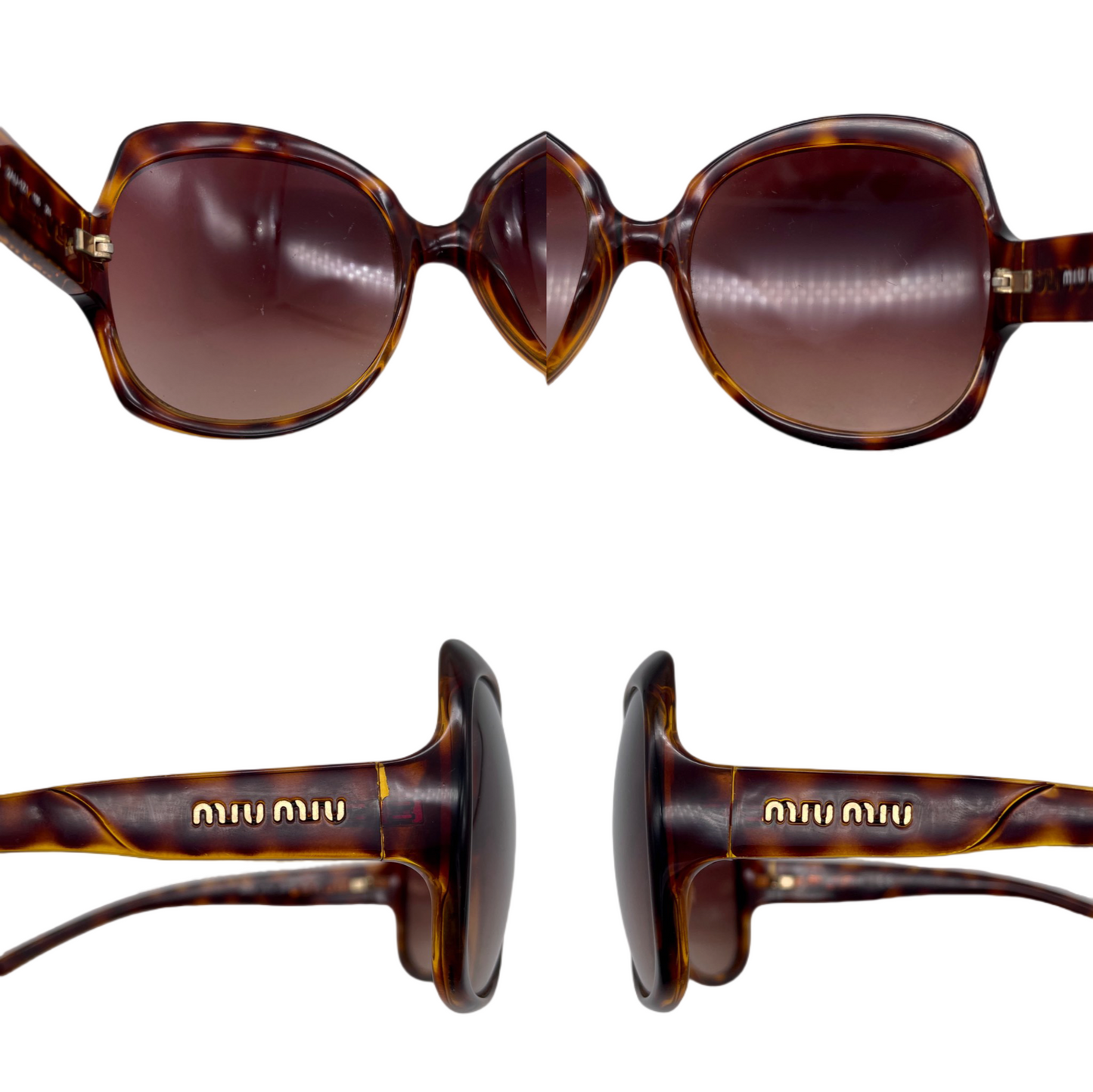 MIUMIU SMU 01Q Tortoise Style Acetate Oversized Round Sunglasses Brown &amp; Gold