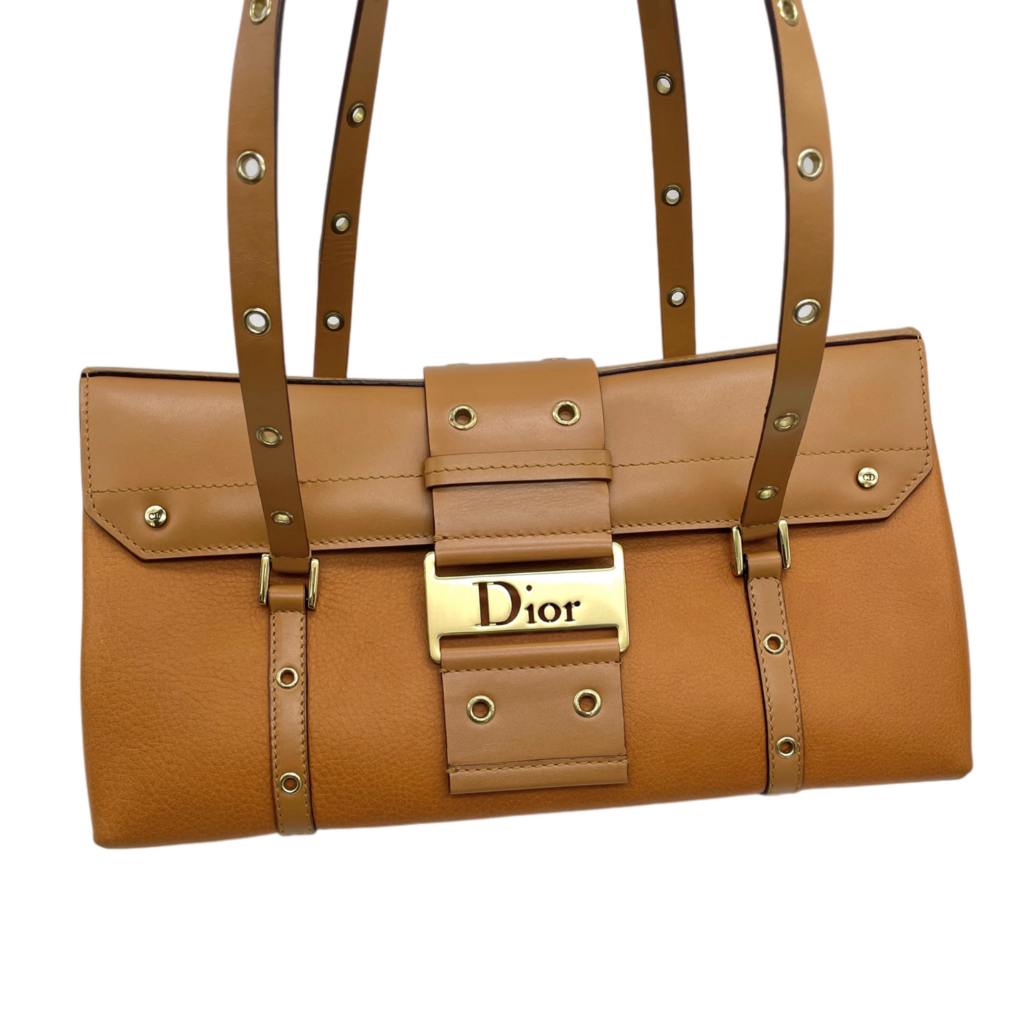 RARE★★★CHRISTIAN DIOR Street Chic Leather Shoulder Bag Medium Brown/Gold
