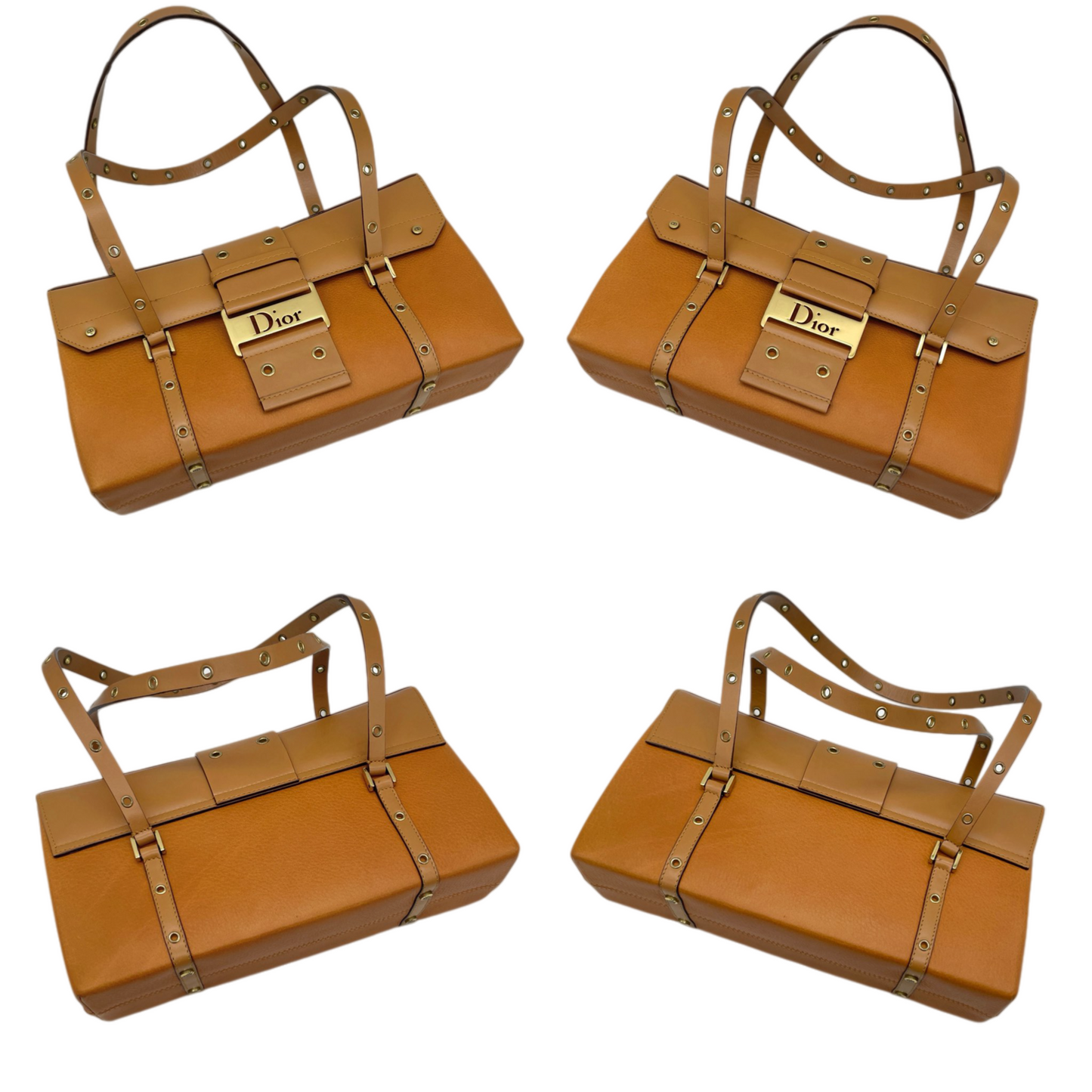 RARE★★★CHRISTIAN DIOR Street Chic Leather Shoulder Bag Medium Brown/Gold