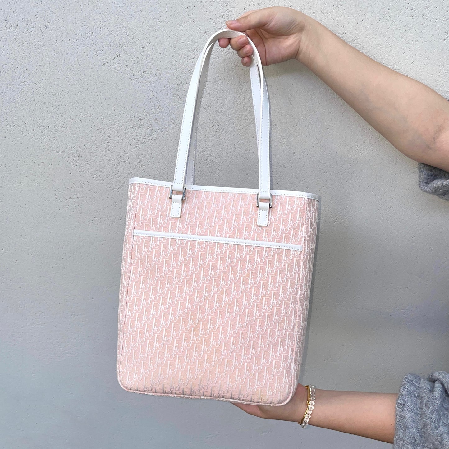 CHRISTIAN DIOR Trotter Canvas Shoulder Tote Bag Pink &amp; White