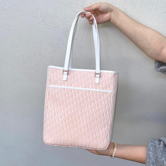 CHRISTIAN DIOR Trotter Canvas Shoulder Tote Bag Pink &amp; White