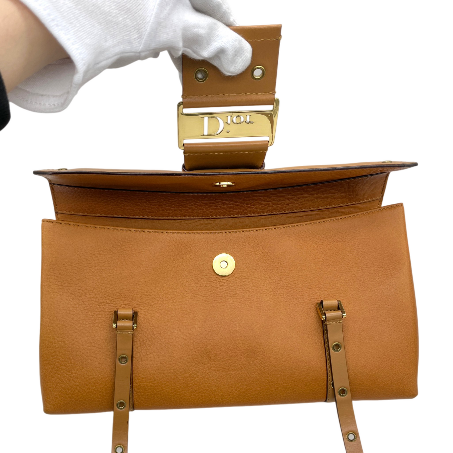 RARE★★★CHRISTIAN DIOR Street Chic Leather Shoulder Bag Medium Brown/Gold