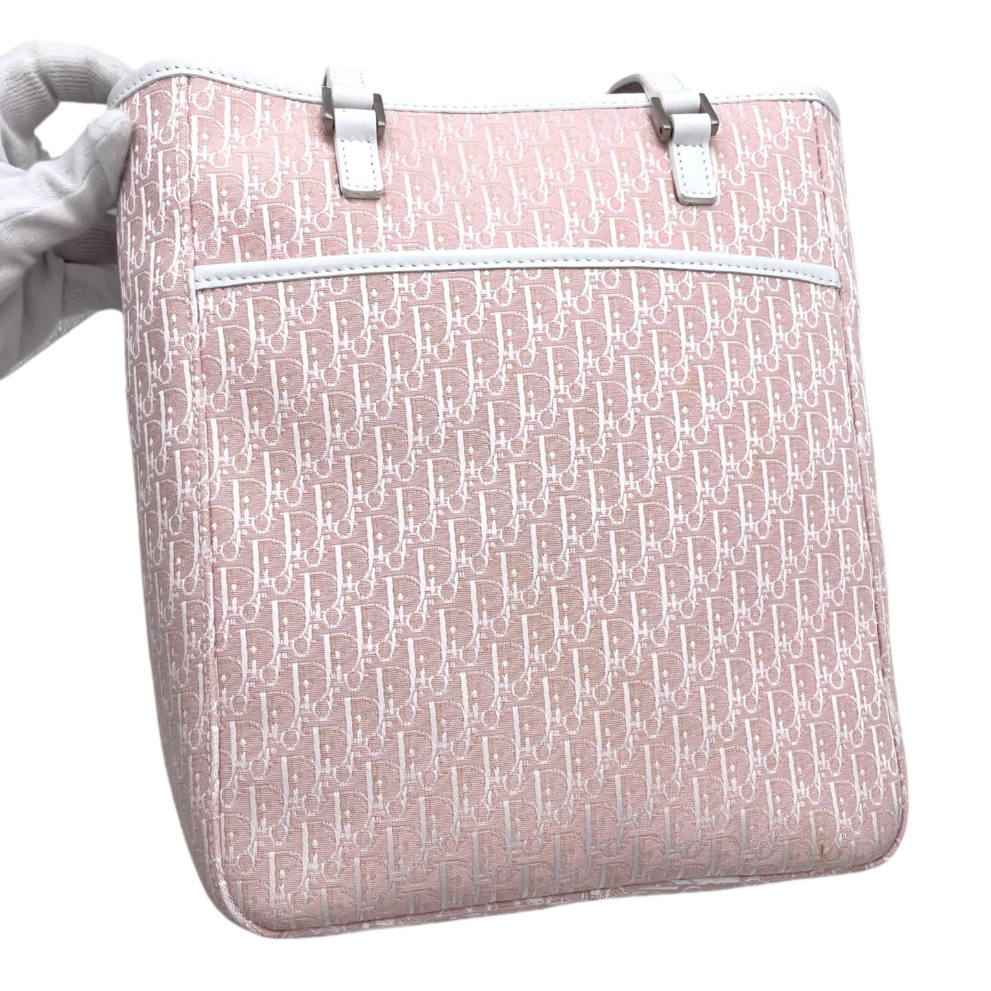 CHRISTIAN DIOR Trotter Canvas Shoulder Tote Bag Pink &amp; White