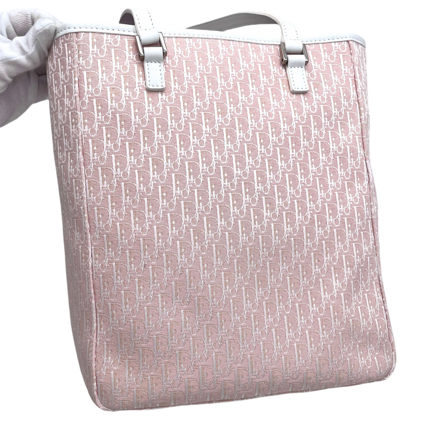 CHRISTIAN DIOR Trotter Canvas Shoulder Tote Bag Pink &amp; White