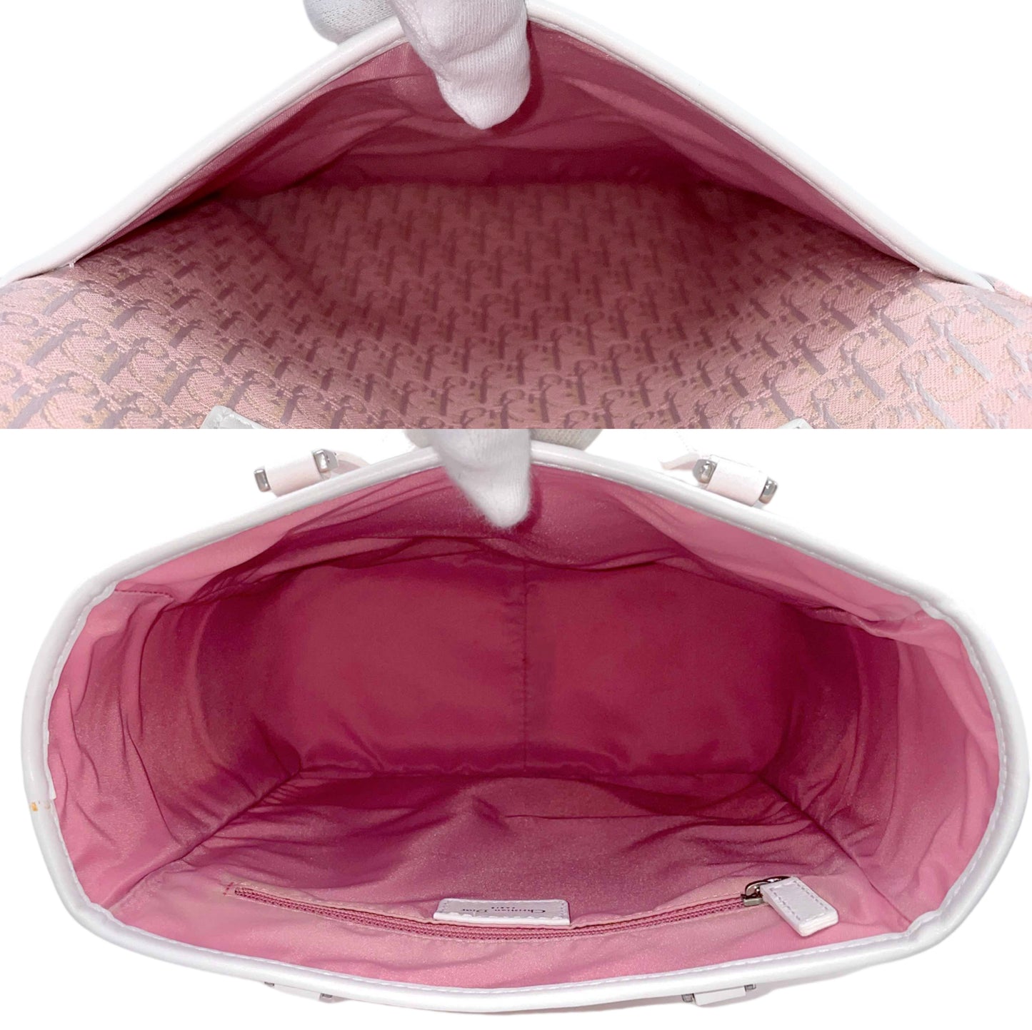 CHRISTIAN DIOR Trotter Canvas Shoulder Tote Bag Pink &amp; White