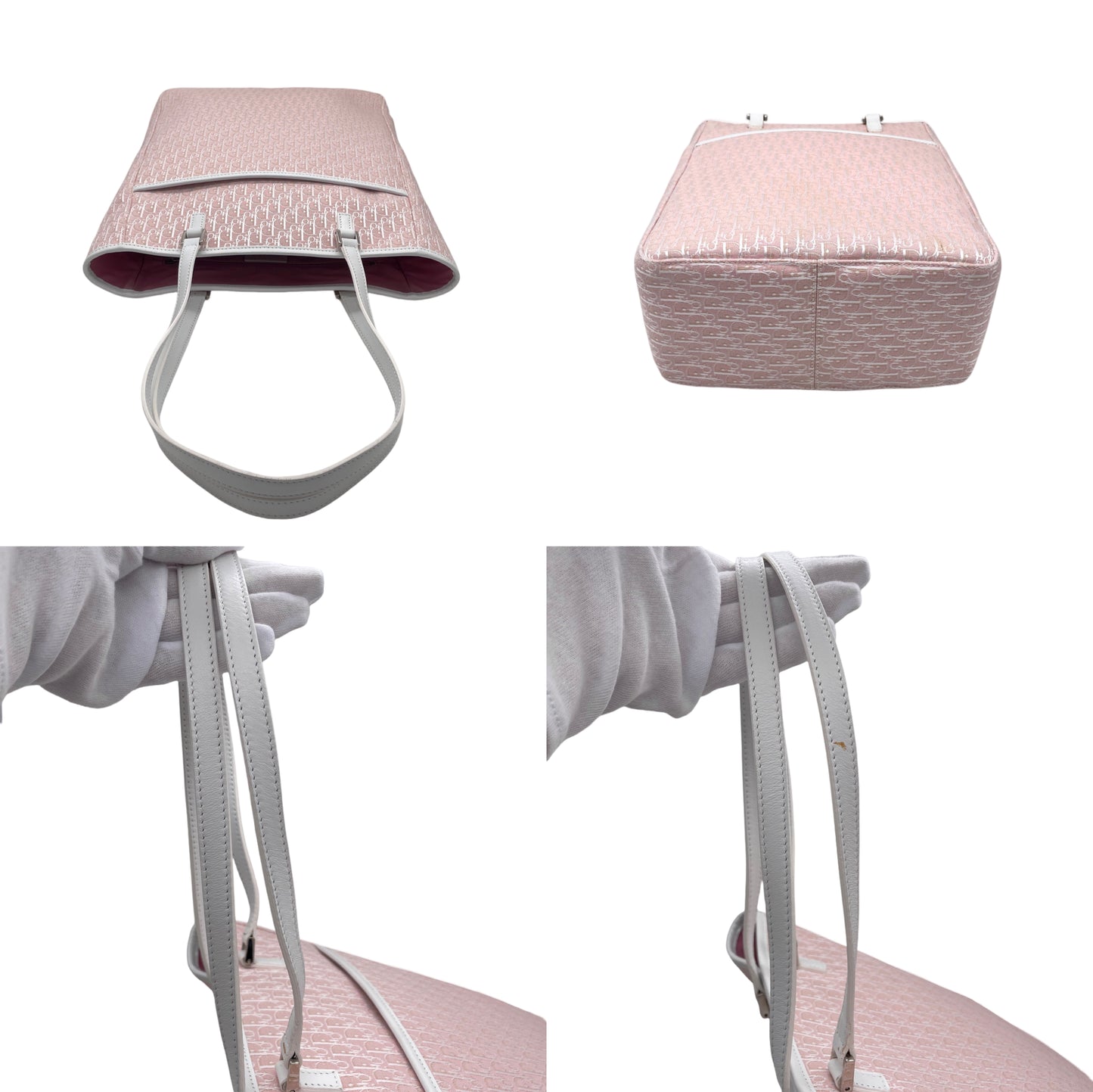 CHRISTIAN DIOR Trotter Canvas Shoulder Tote Bag Pink &amp; White