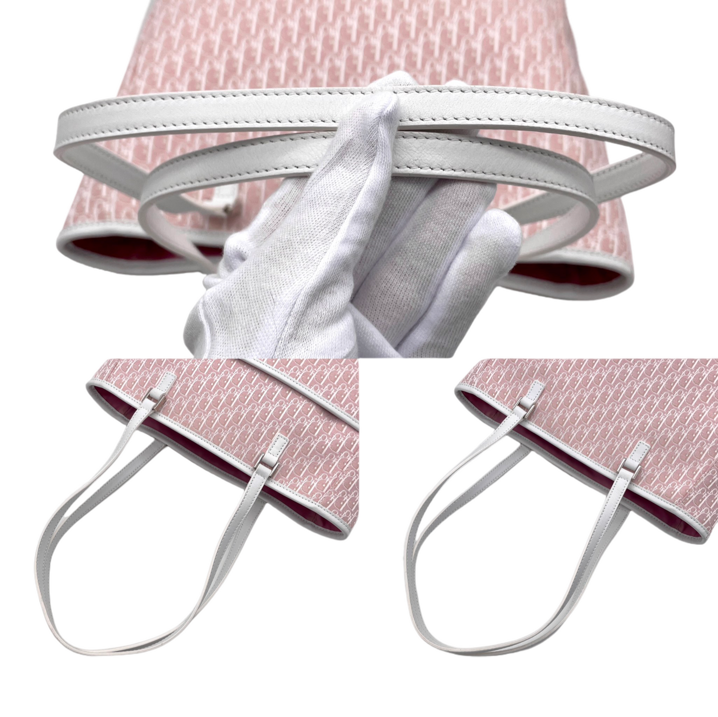 CHRISTIAN DIOR Trotter Canvas Shoulder Tote Bag Pink &amp; White