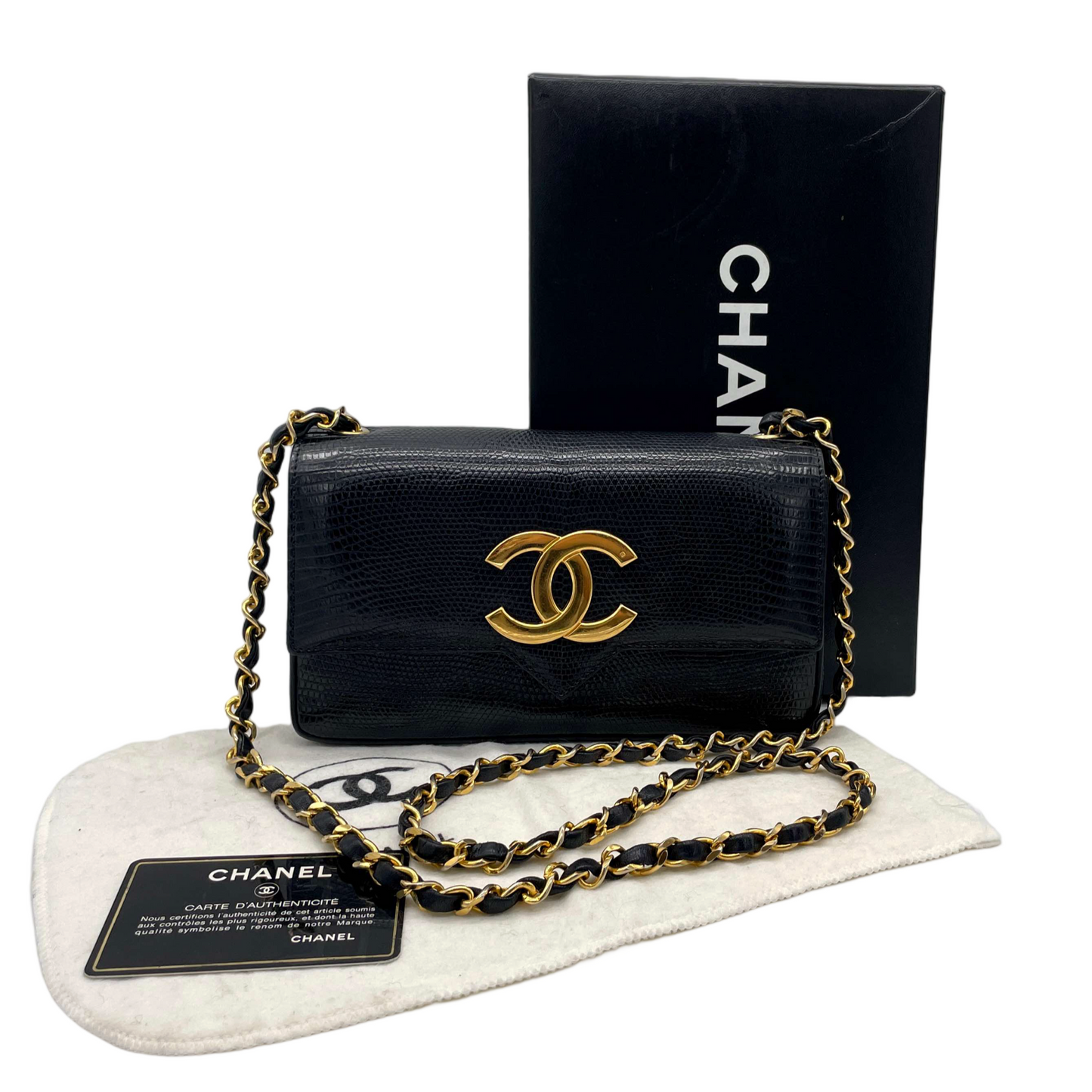 RARE☆☆☆CHANEL Jumbo Coco Mark Lizard Skin Letter Pack Chain Shoulder Bag