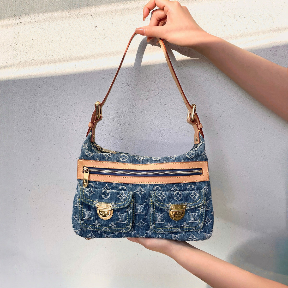 RARE★★★★LOUIS VUITTON 2005 Monogram Denim Leather Baggy Shoulder Bag M95049 PM Blue Brown