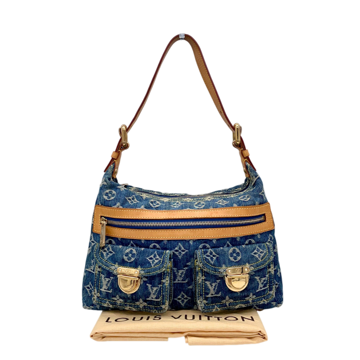 RARE★★★★LOUIS VUITTON 2005 Monogram Denim Leather Baggy Shoulder Bag M95049 PM Blue Brown