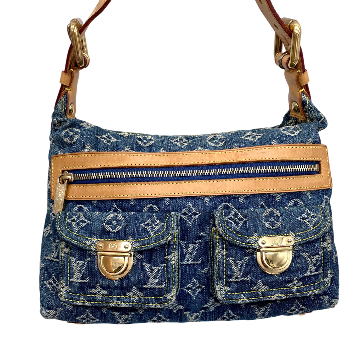 RARE★★★★LOUIS VUITTON 2005 Monogram Denim Leather Baggy Shoulder Bag M95049 PM Blue Brown