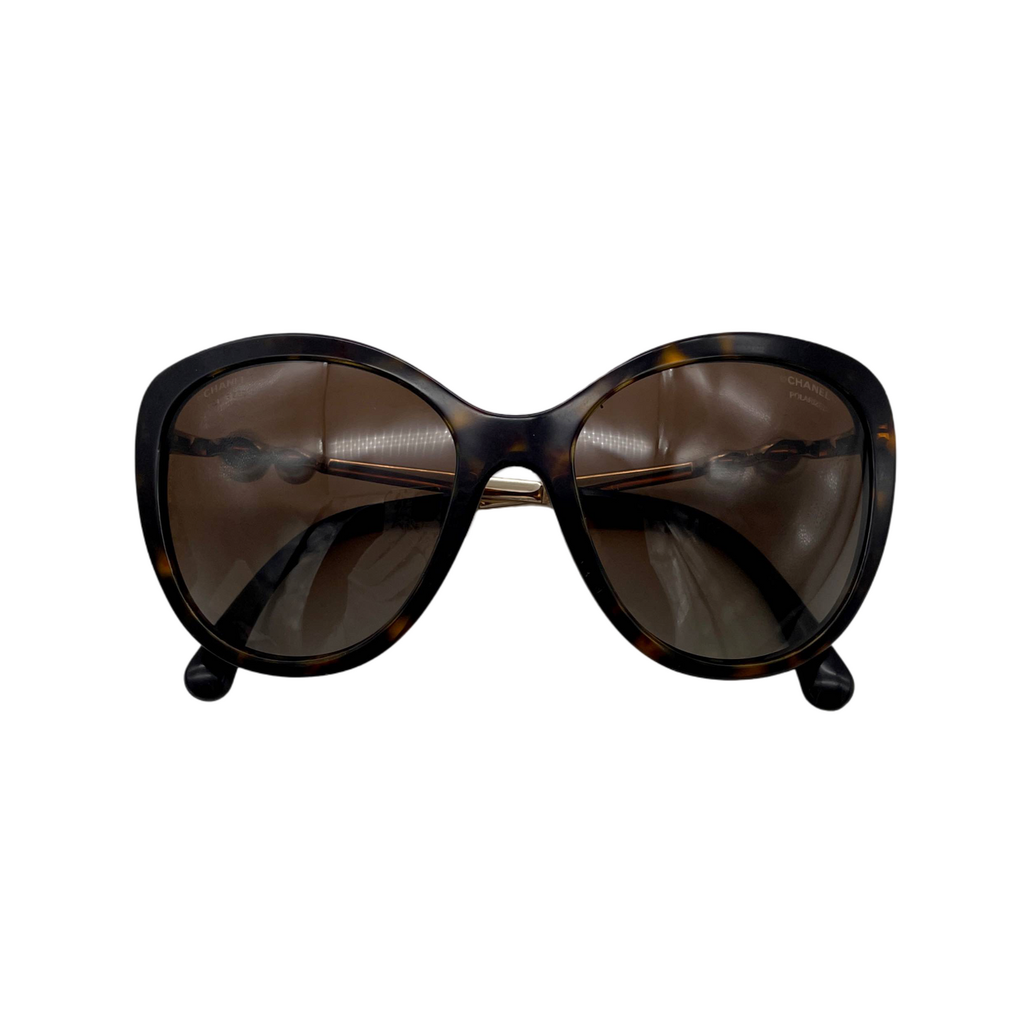 CHANEL CC LOGOS Pearl-Embellished Cat-Eye Sunglasses Brown &amp; Gold