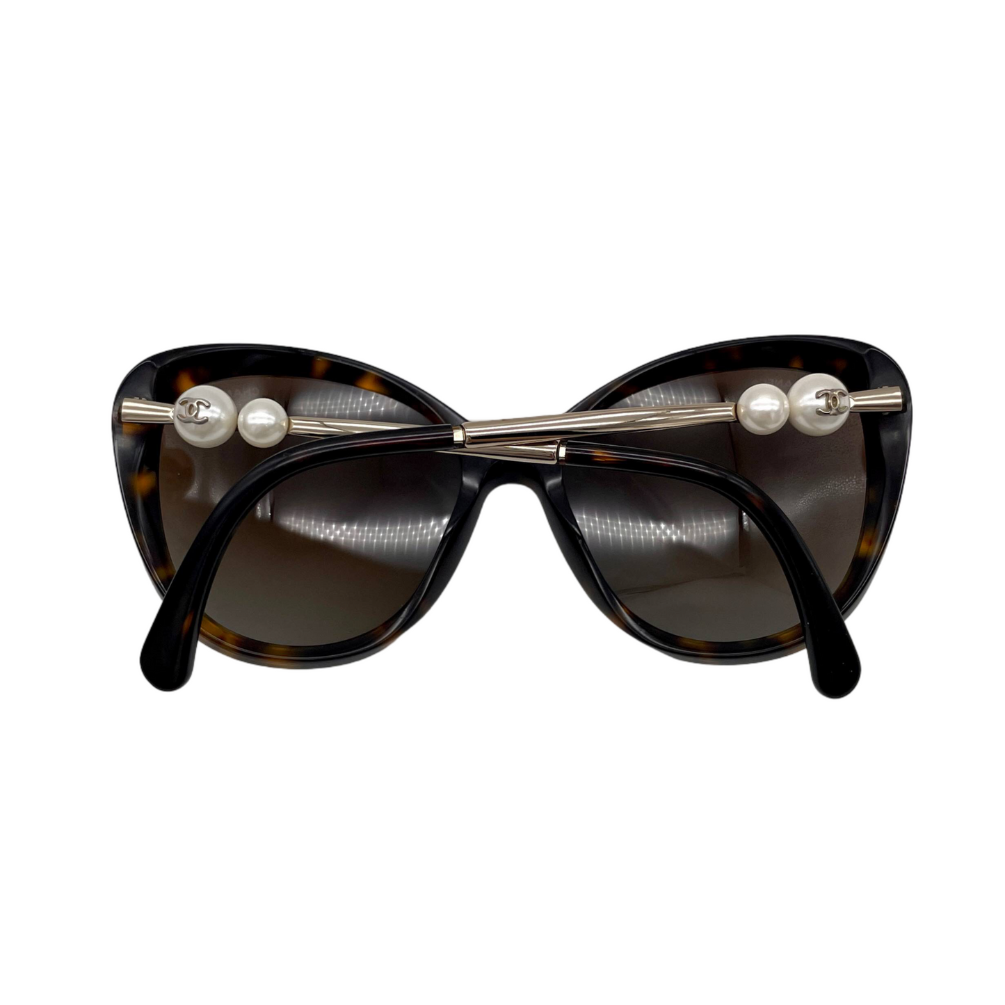 CHANEL CC LOGOS Pearl-Embellished Cat-Eye Sunglasses Brown &amp; Gold