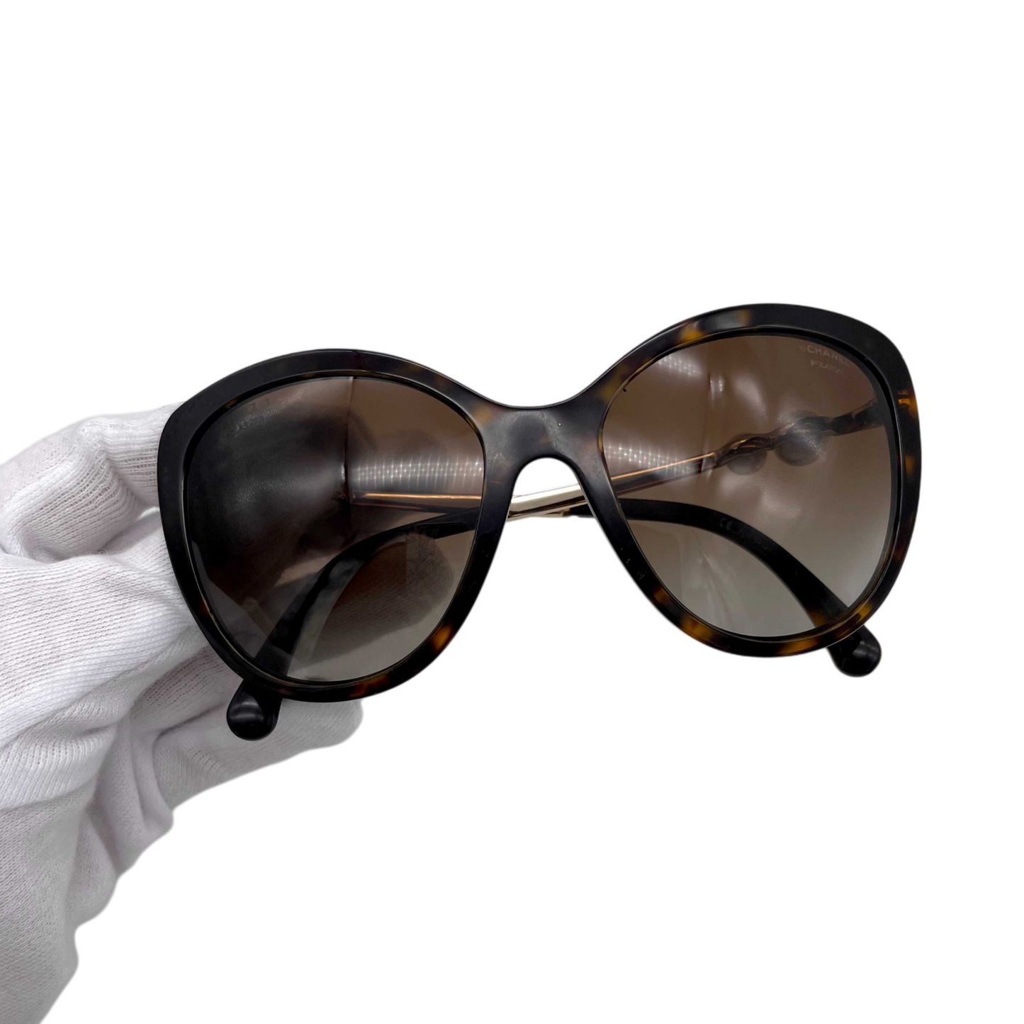 CHANEL CC LOGOS Pearl-Embellished Cat-Eye Sunglasses Brown &amp; Gold