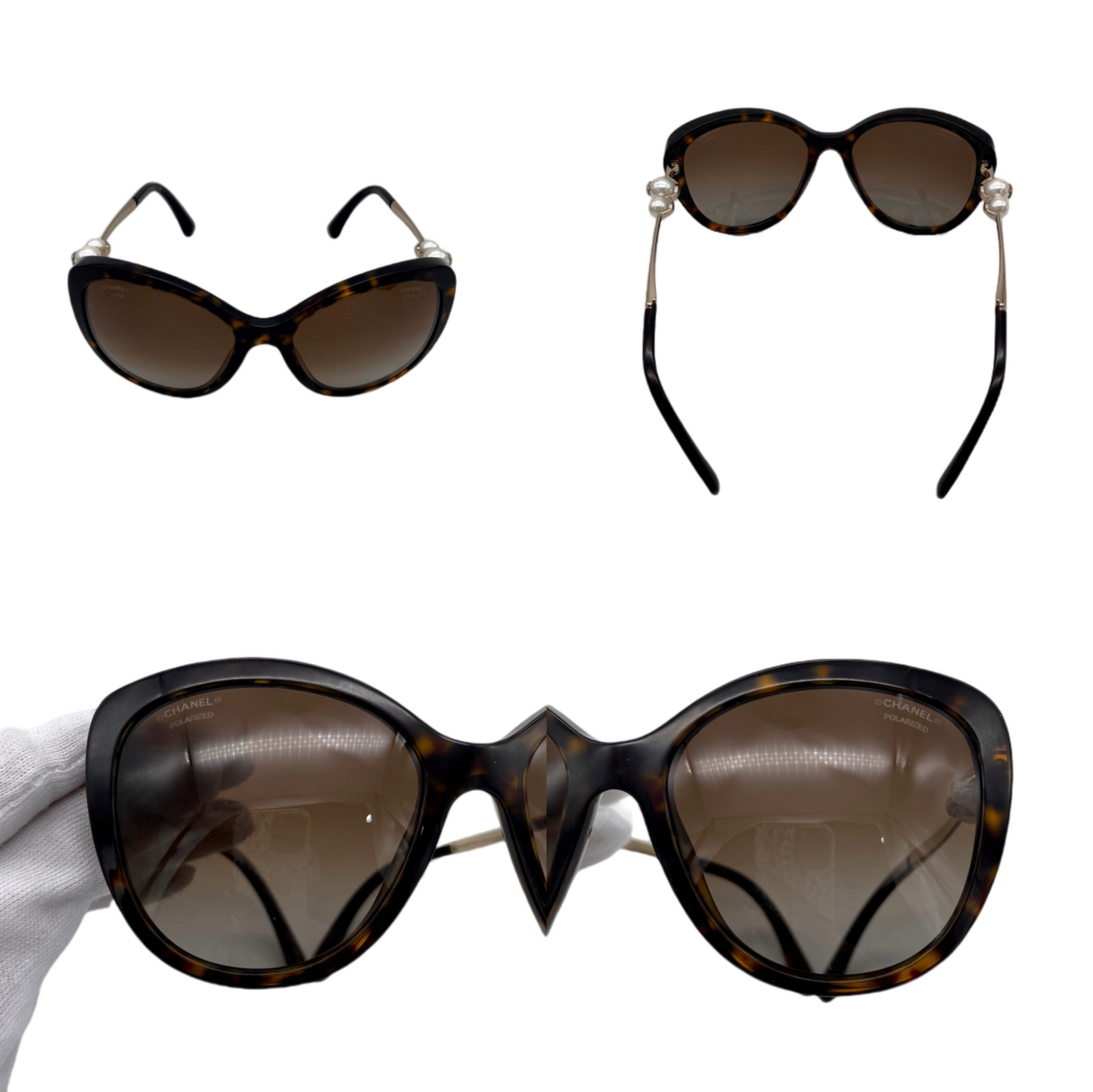 CHANEL CC LOGOS Pearl-Embellished Cat-Eye Sunglasses Brown &amp; Gold