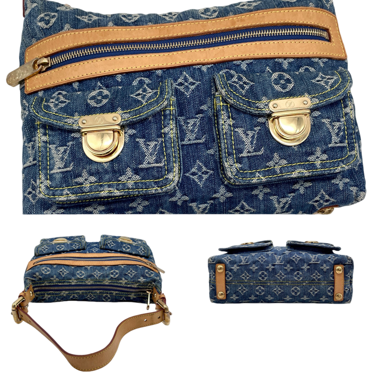 RARE★★★★LOUIS VUITTON 2005 Monogram Denim Leather Baggy Shoulder Bag M95049 PM Blue Brown