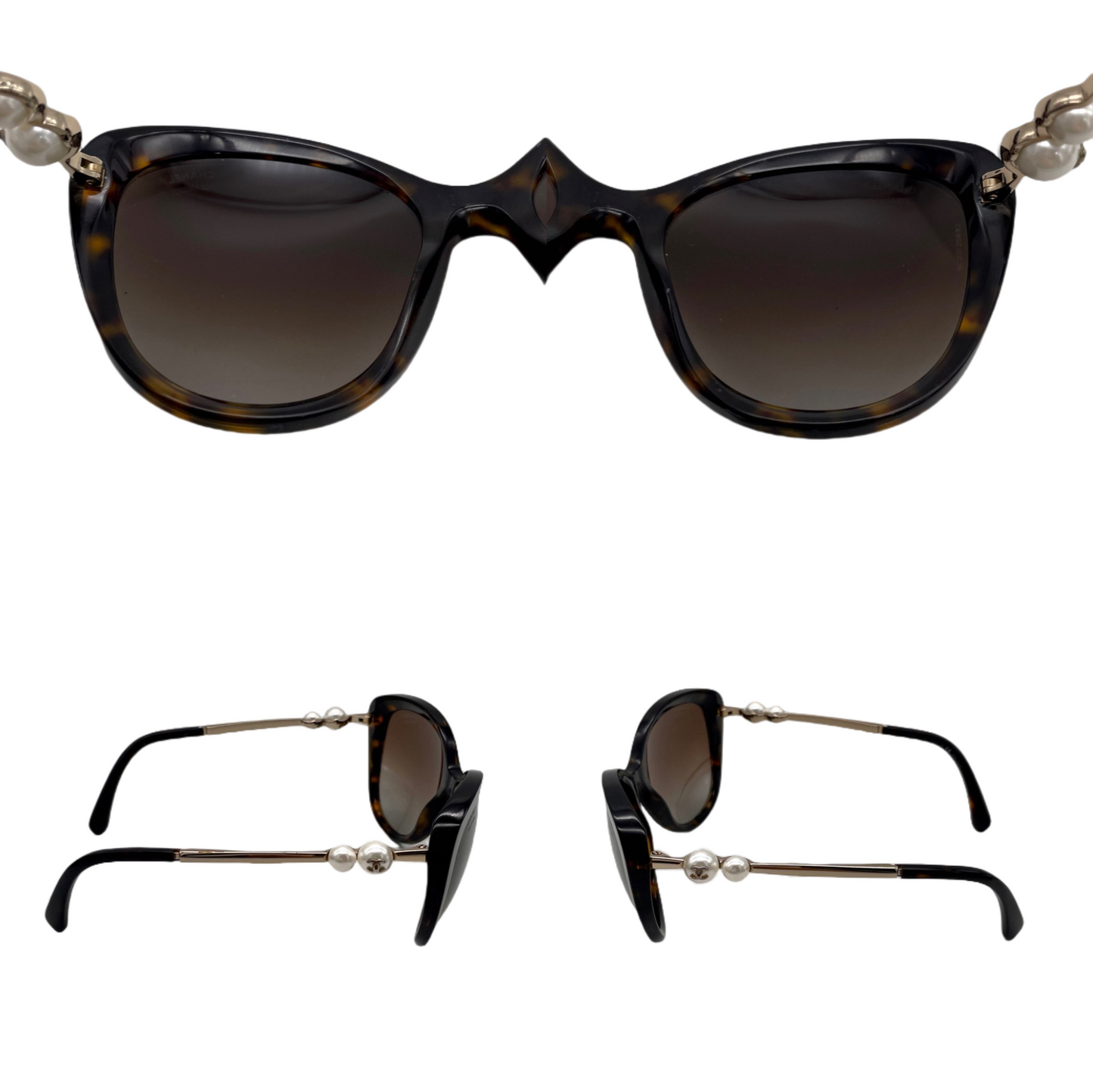 CHANEL CC LOGOS Pearl-Embellished Cat-Eye Sunglasses Brown &amp; Gold