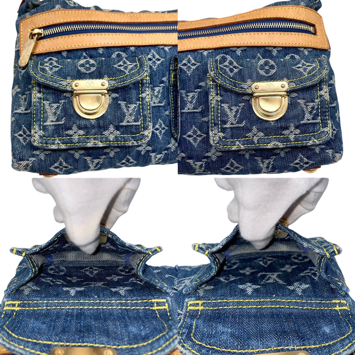 RARE★★★★LOUIS VUITTON 2005 Monogram Denim Leather Baggy Shoulder Bag M95049 PM Blue Brown